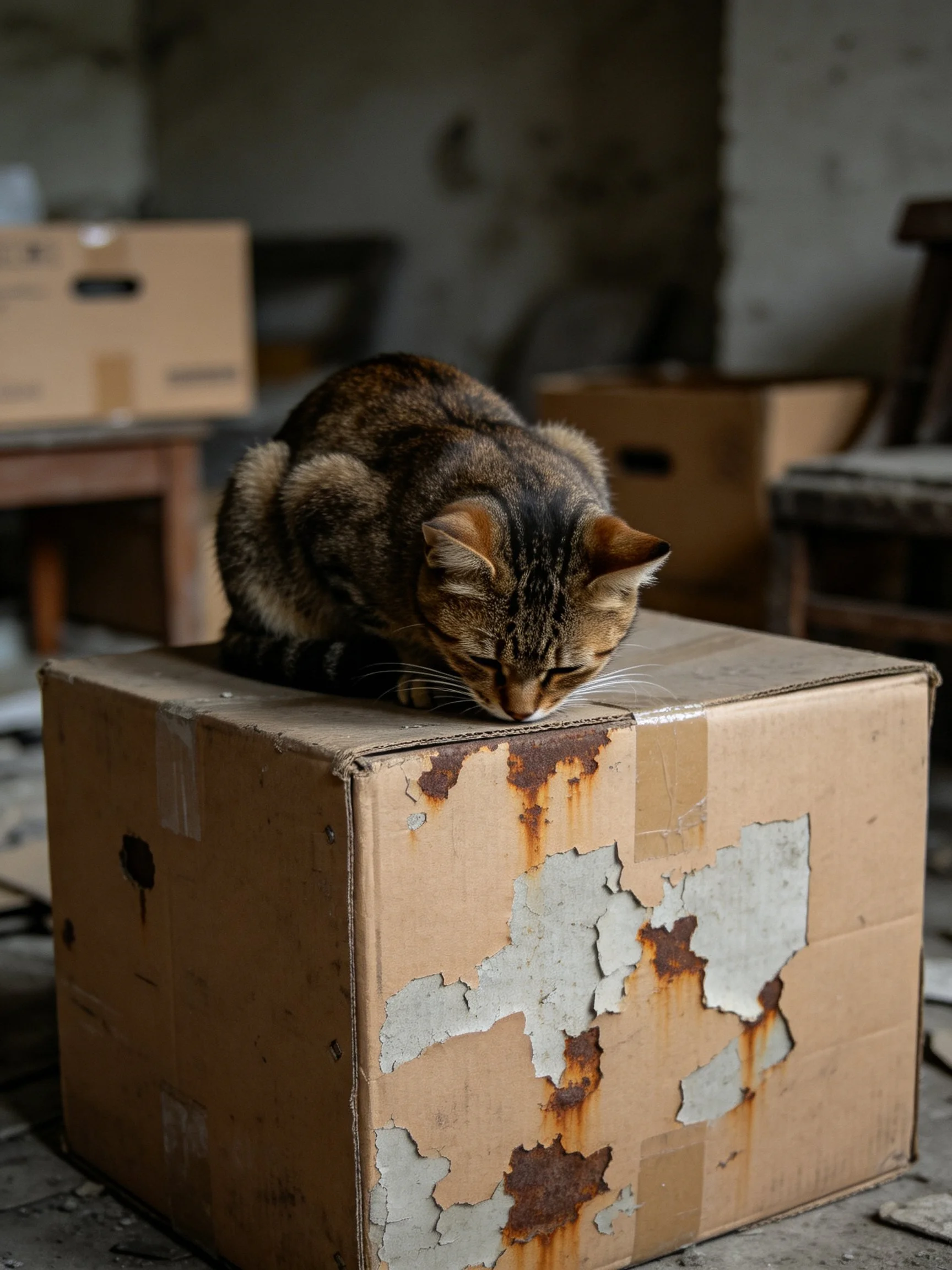 A tabby cat rests on a worn cardboard box in an aged, dimly lit room.