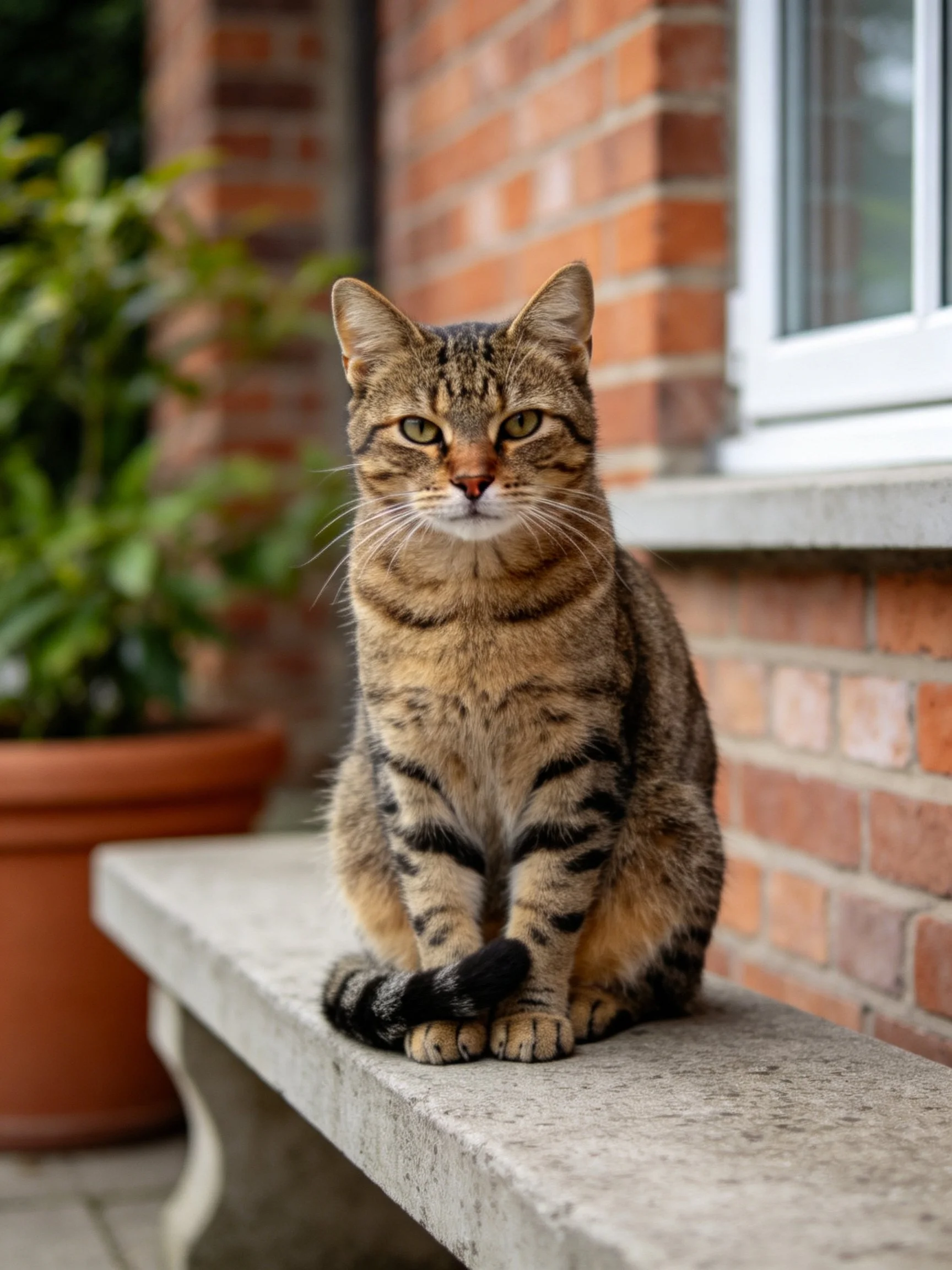 A tabby cat sits on a stone bench near a brick wall with a terracotta pot