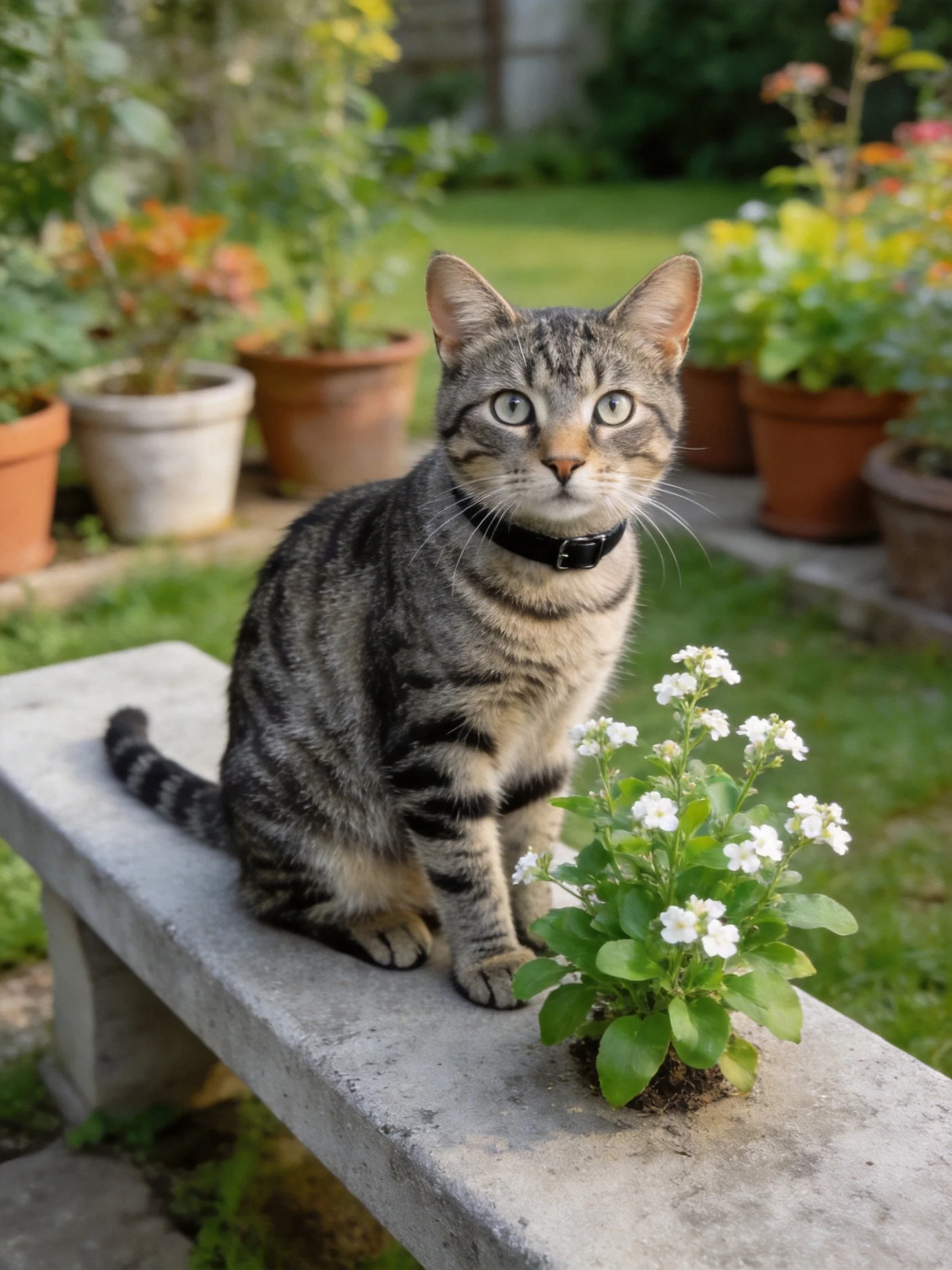 A tabby cat sits on a stone bench near potted plants and flowers