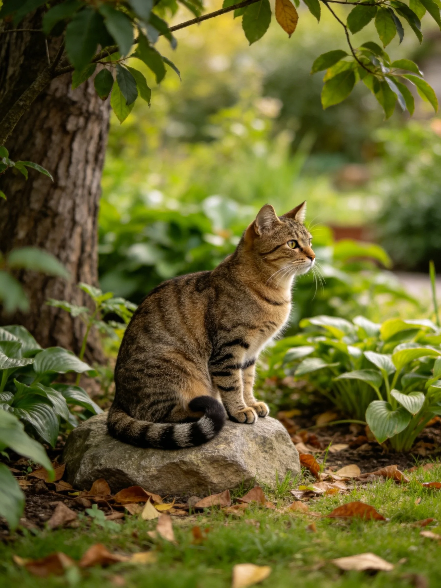 A tabby cat rests on a stone amid vibrant greenery in a sunlit garden.