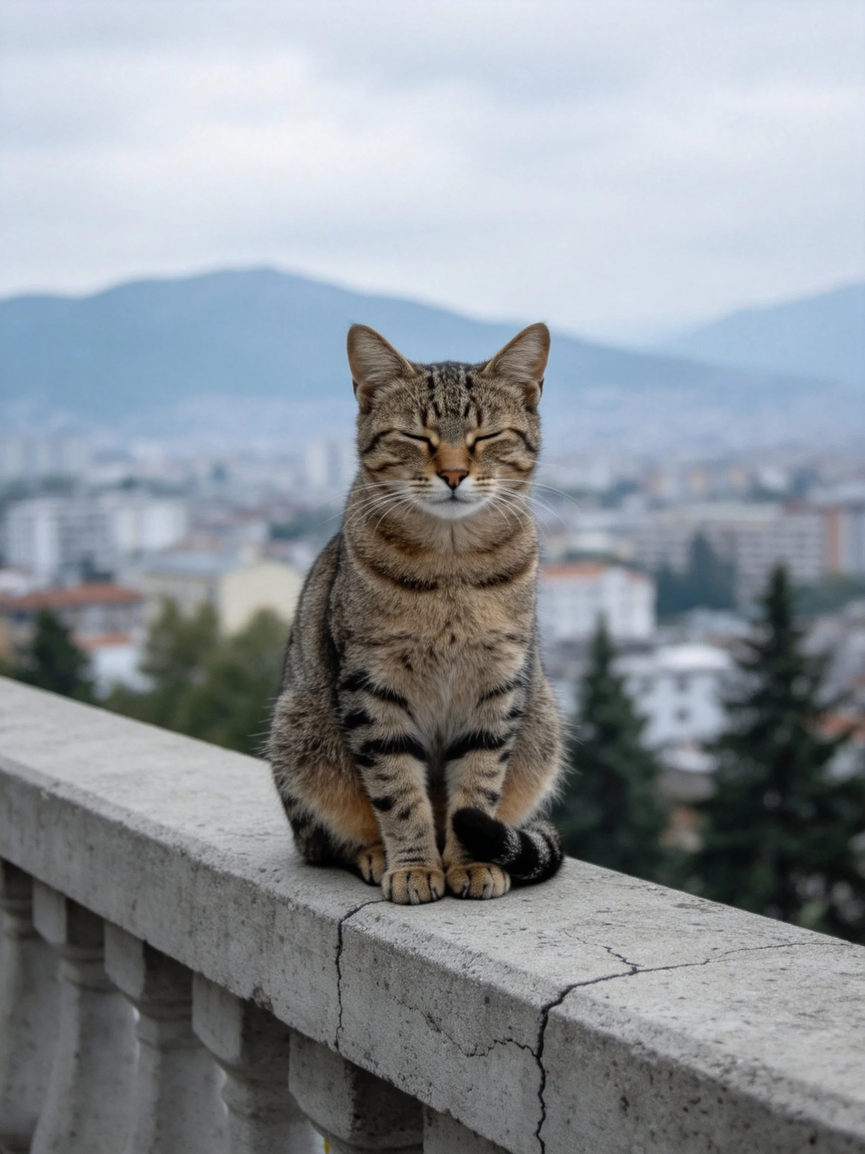A tabby cat sits calmly on a stone railing with a city and mountain backdrop