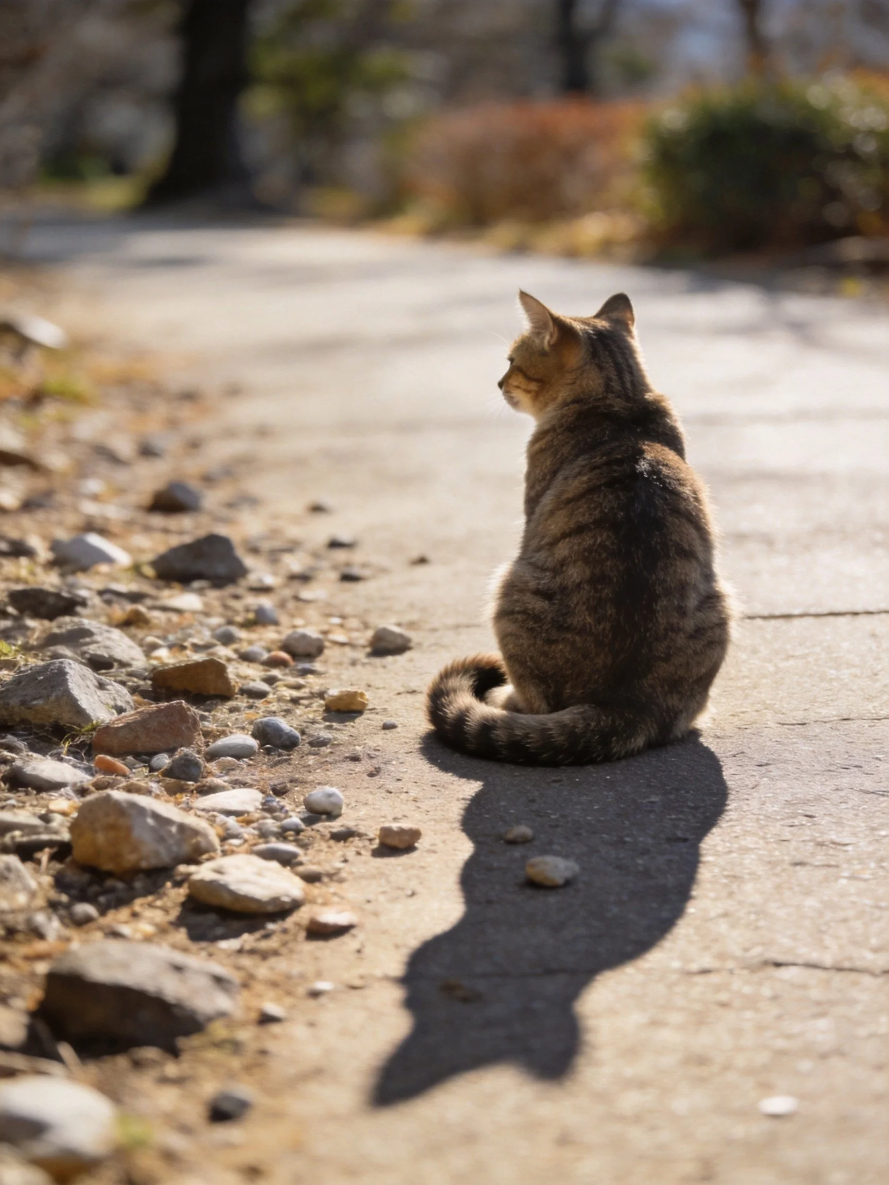 A tabby cat sits on a sunlit path near scattered stones.