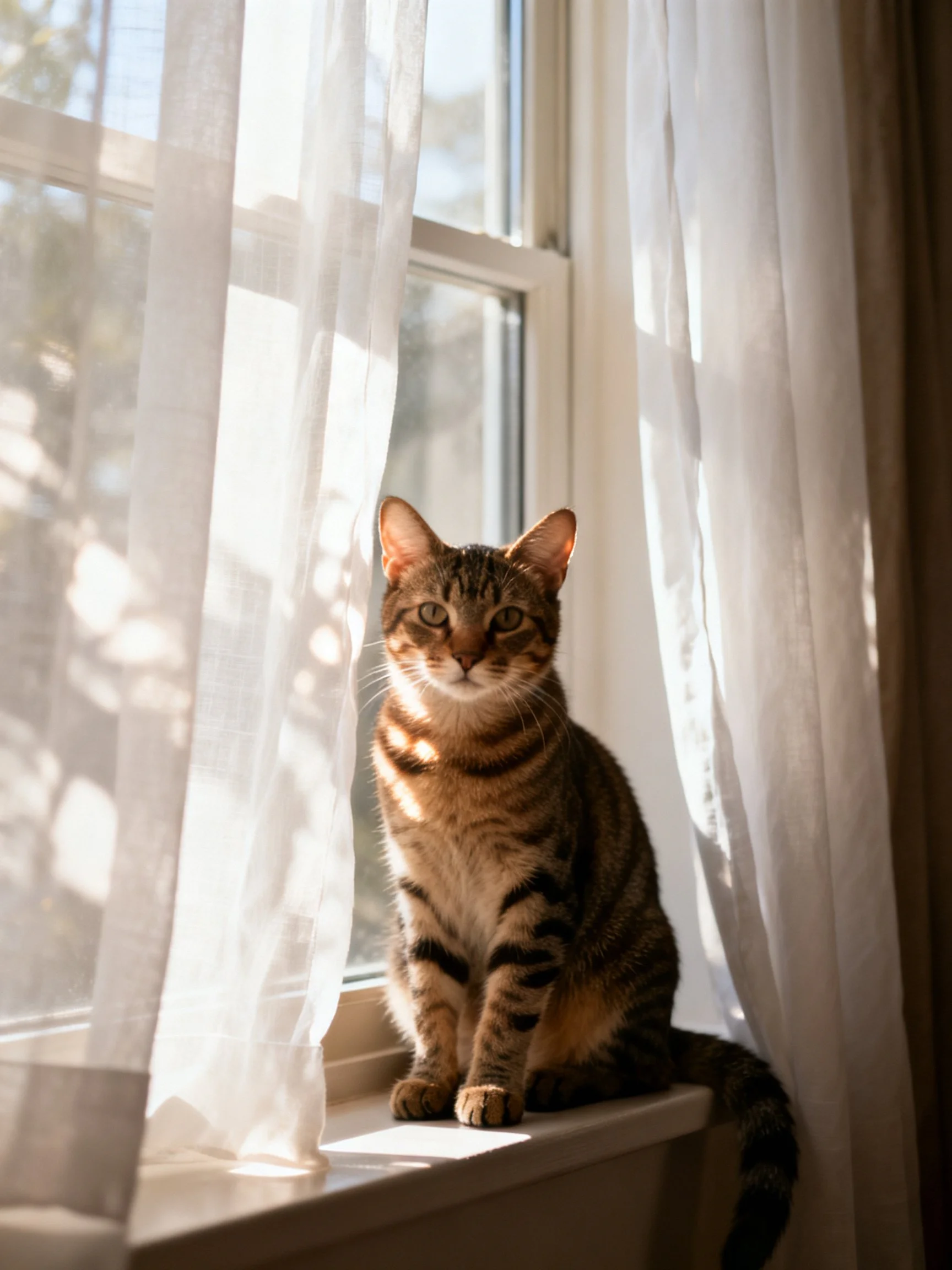 A tabby cat sits on a sunlit windowsill with sheer curtains