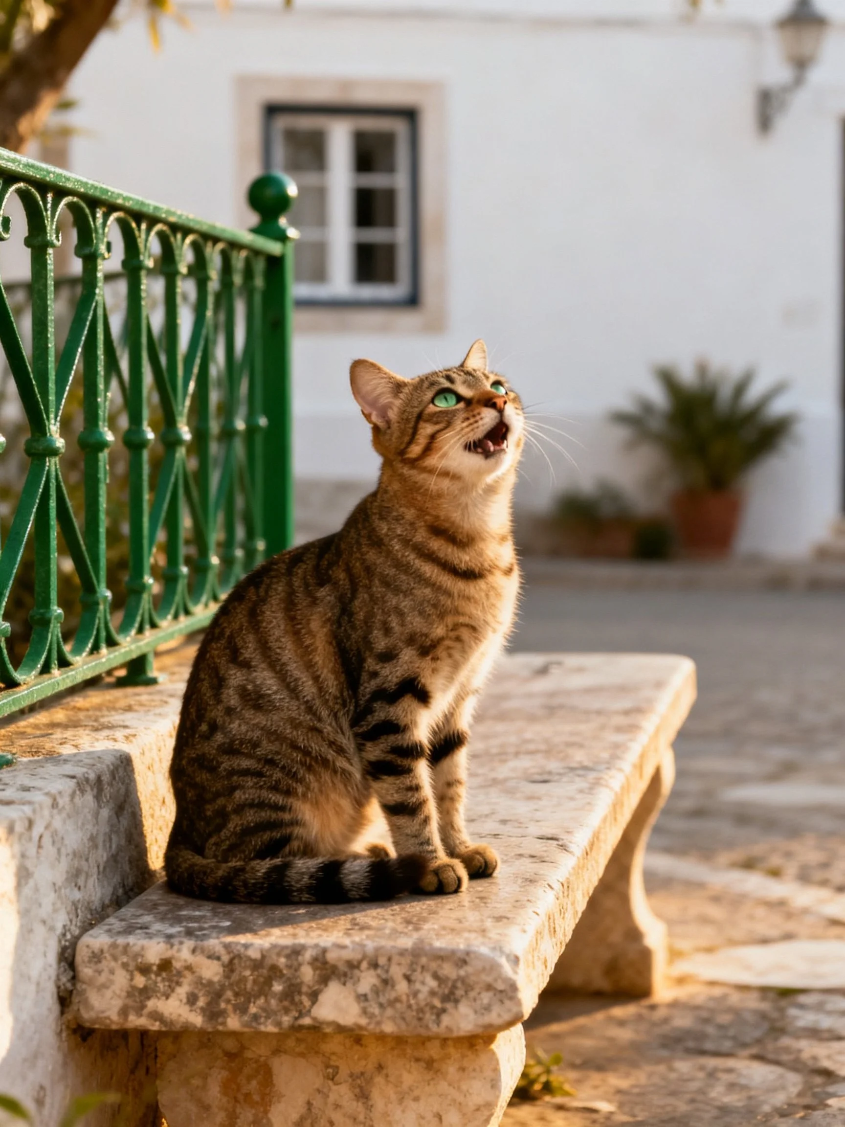 A tabby cat sits on a stone bench near a green railing outdoors.