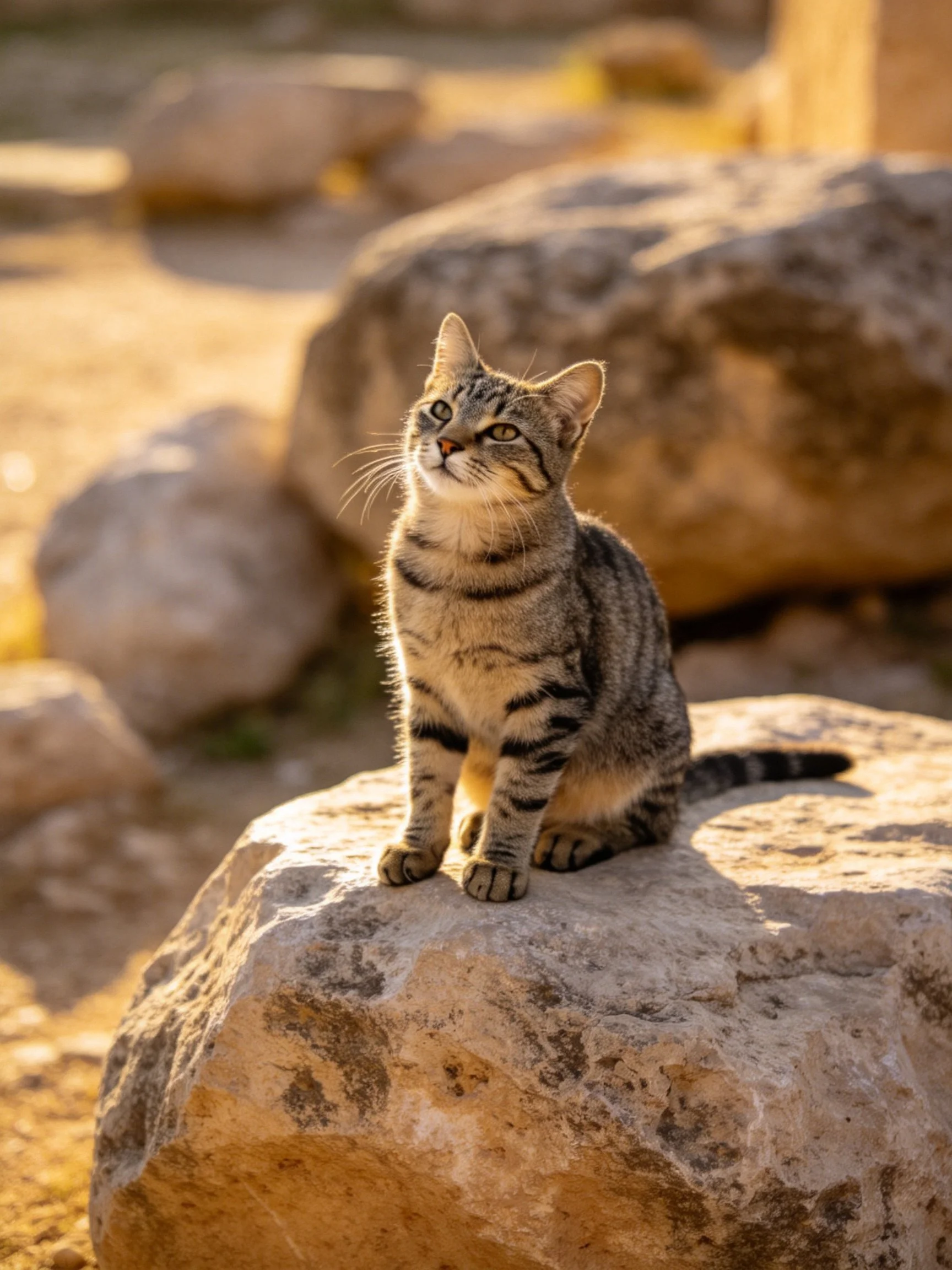 A tabby cat sits on a stone among large rocks in bright sunlight