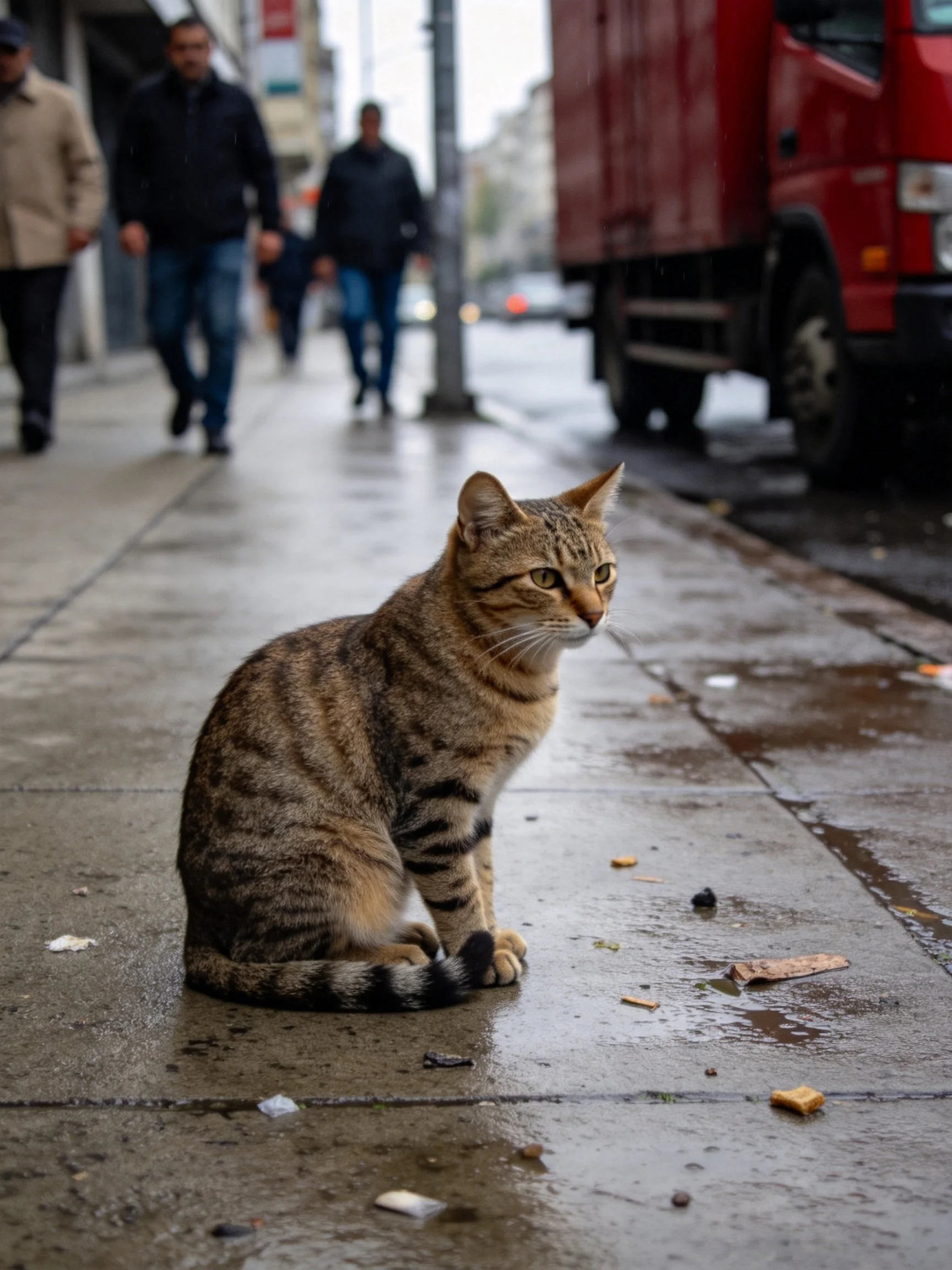 A tabby cat sits on a wet city sidewalk near pedestrians and a red truck