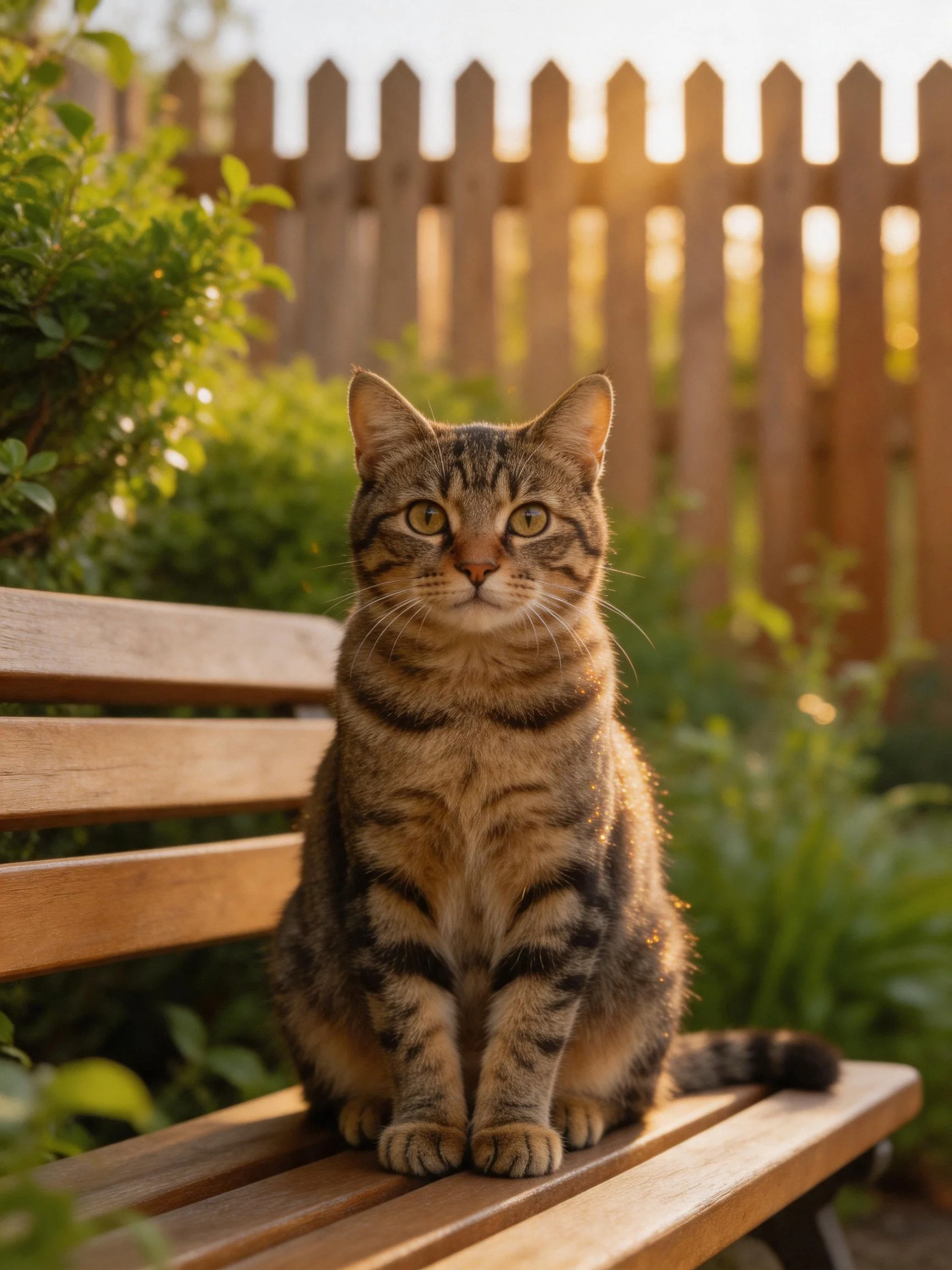 A tabby cat sits on a wooden bench amid sunlit greenery