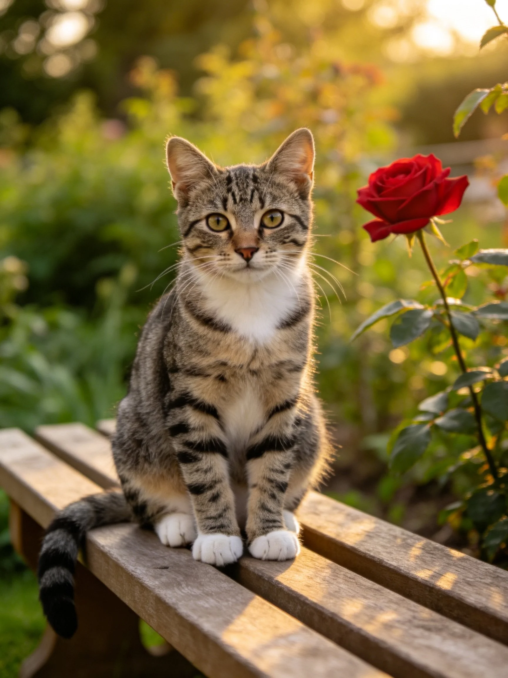 A tabby cat sits on a wooden bench near a red rose in a sunlit garden