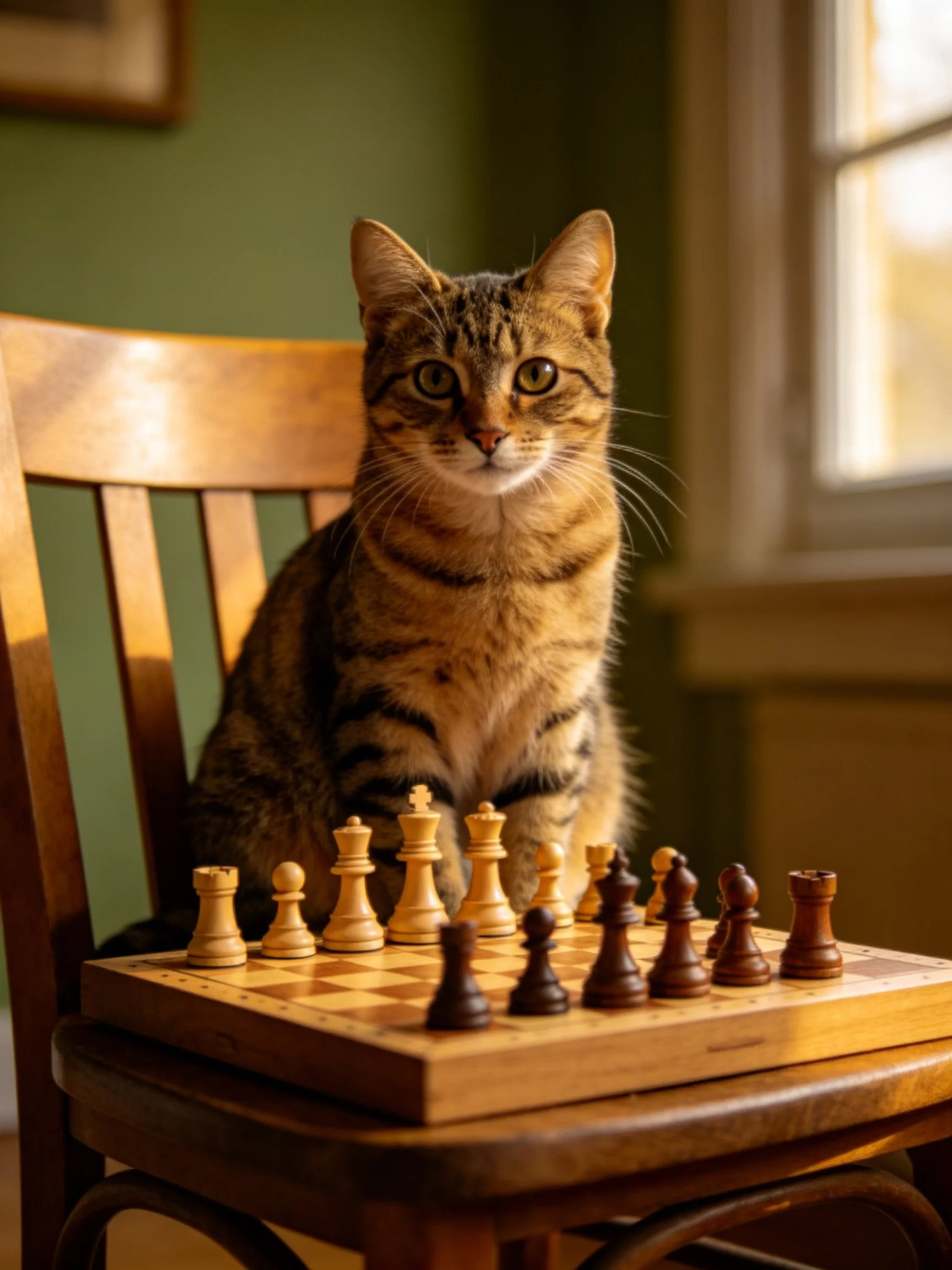 A tabby cat sits on a wooden chair with a chessboard