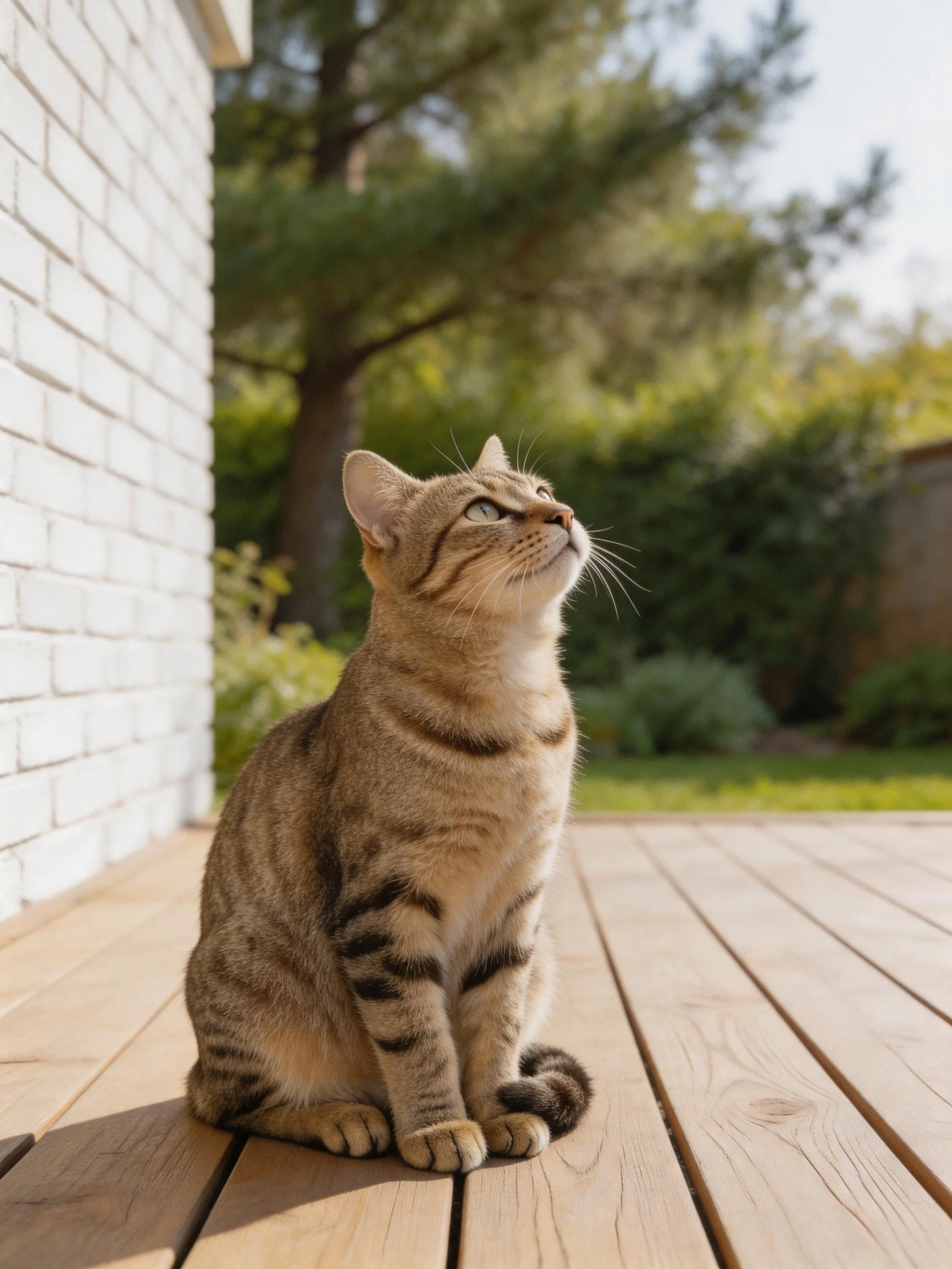 A tabby cat sits on a wooden deck near a white brick wall