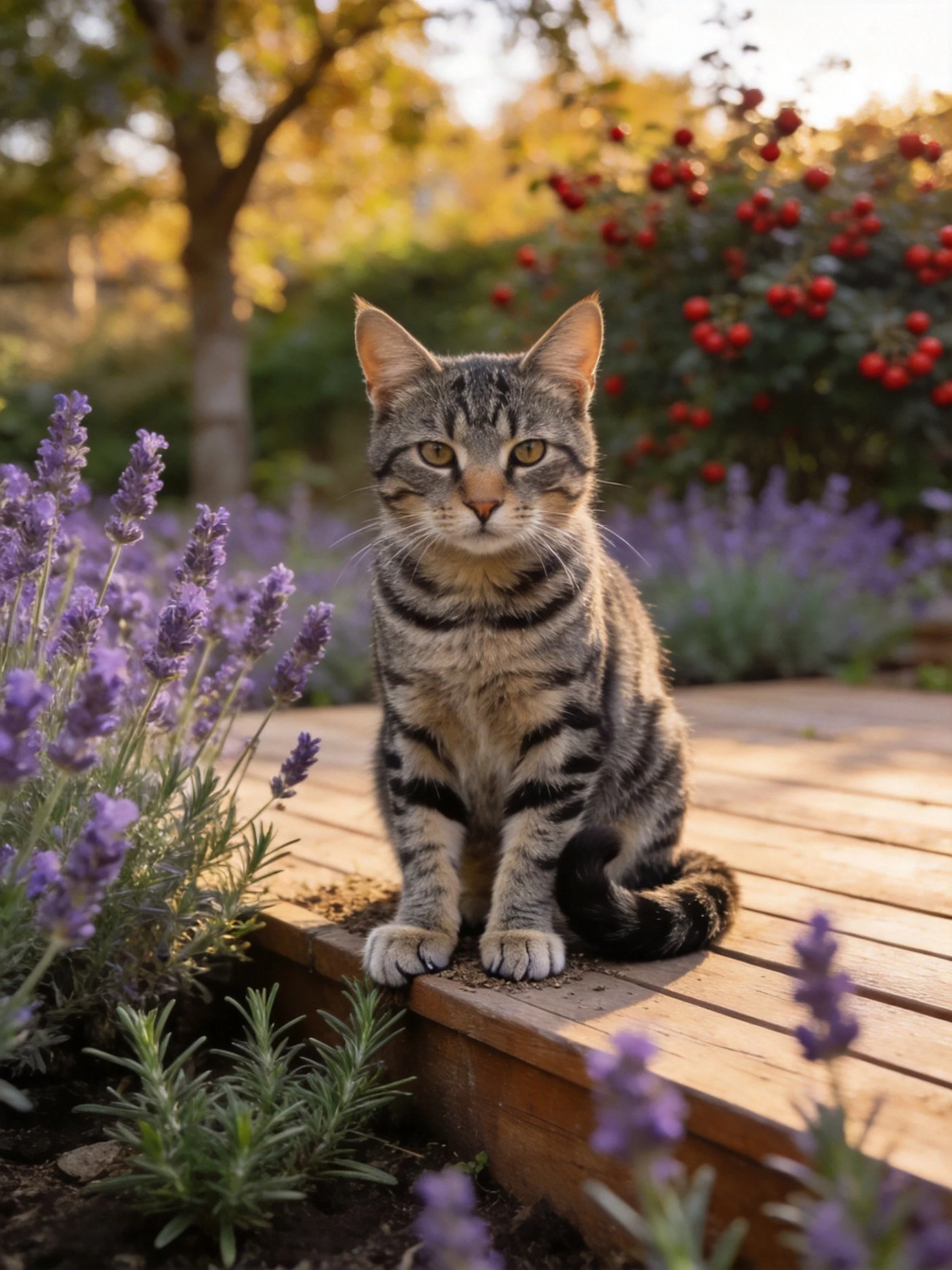 A tabby cat sits on a wooden deck near lavender and red berry bushes