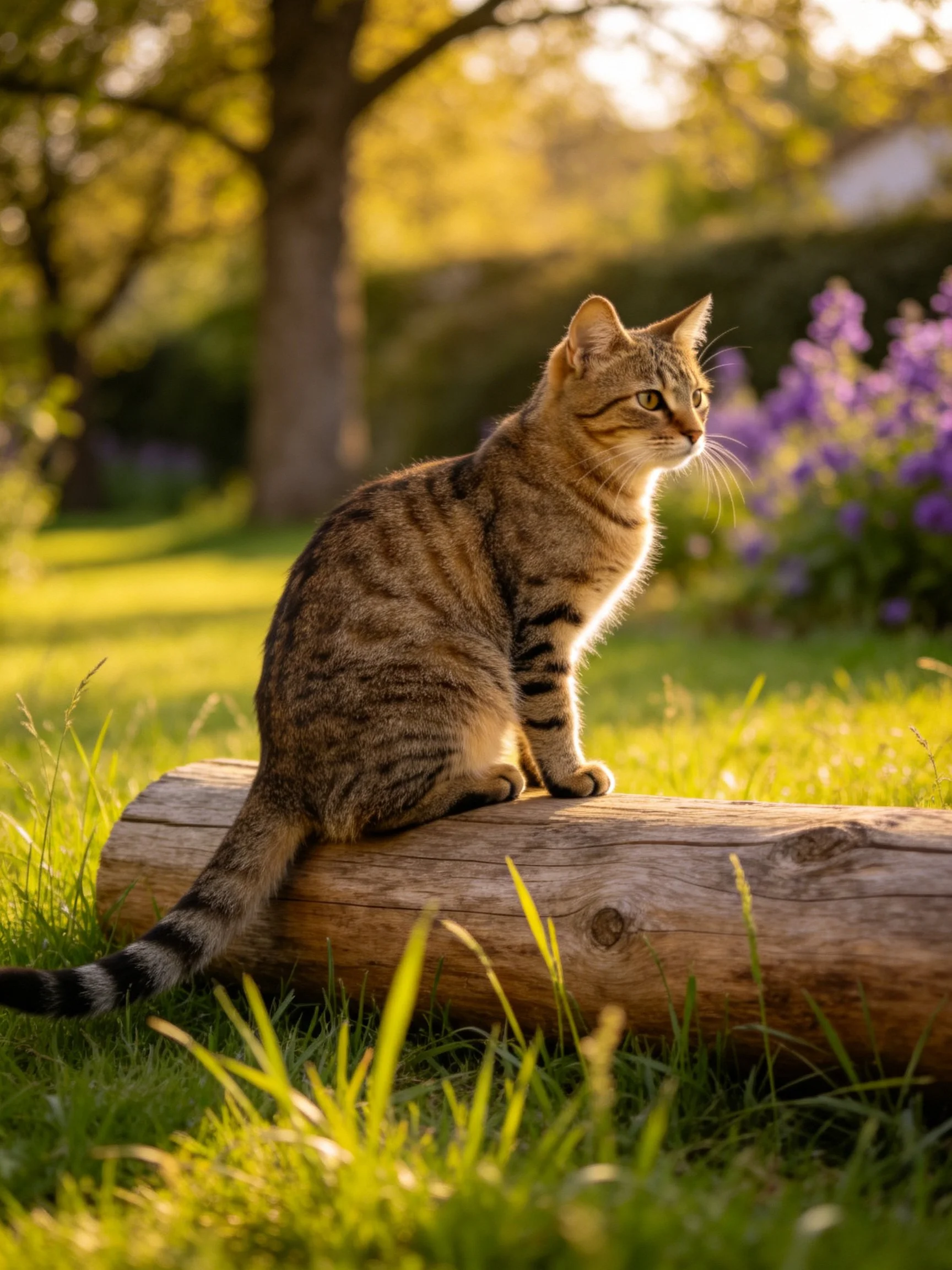 A tabby cat sits on a wooden log in a sunlit garden