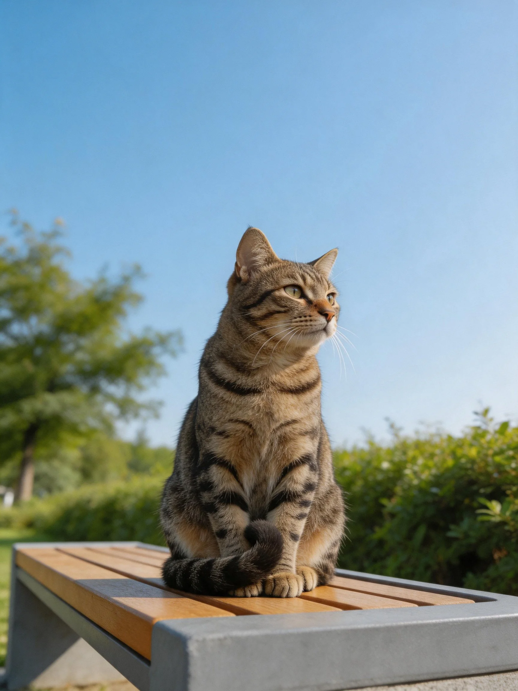A tabby cat sits on a wooden park bench under a clear blue sky