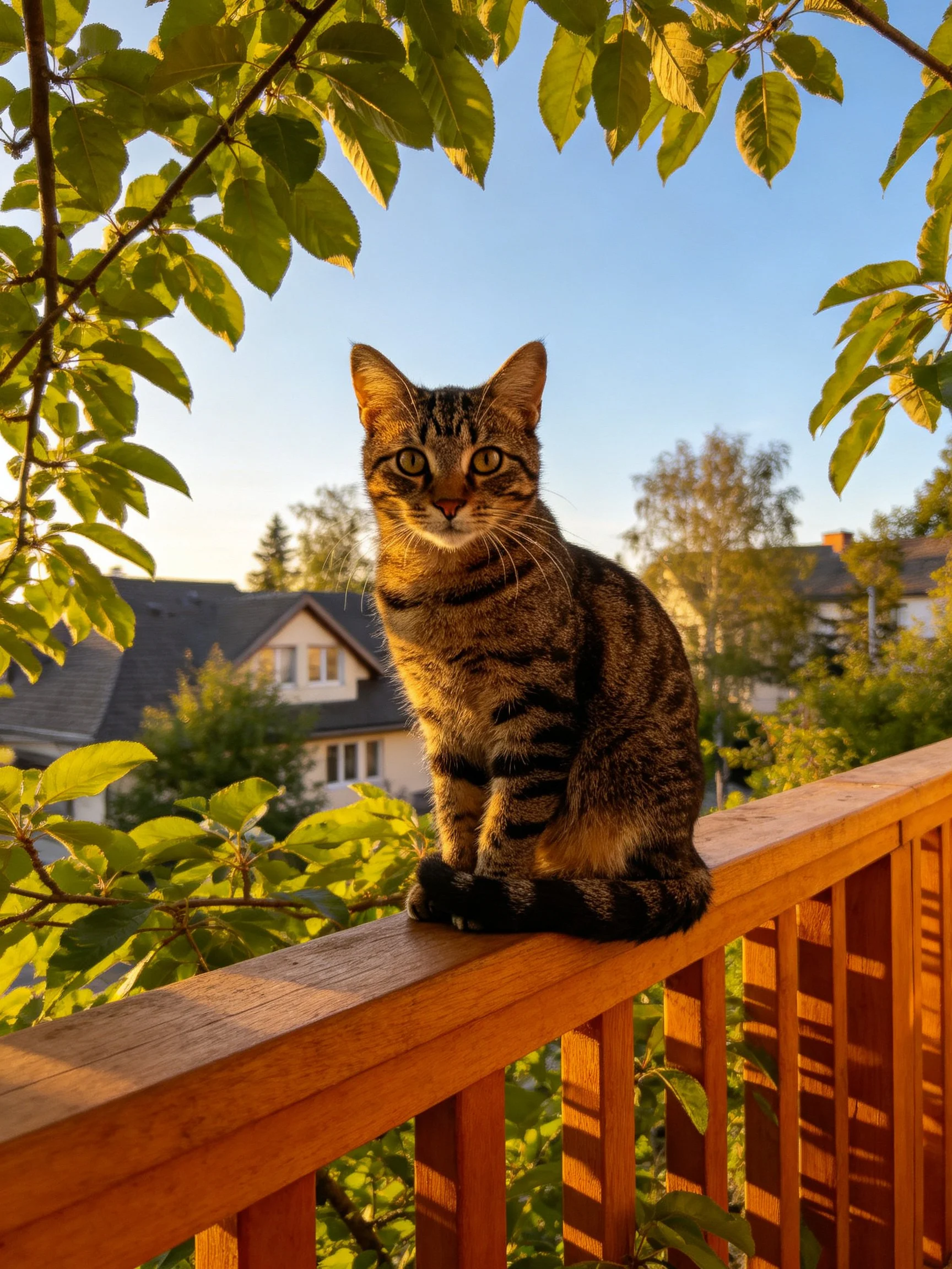 A tabby cat sits on a wooden railing amid green foliage and suburban homes
