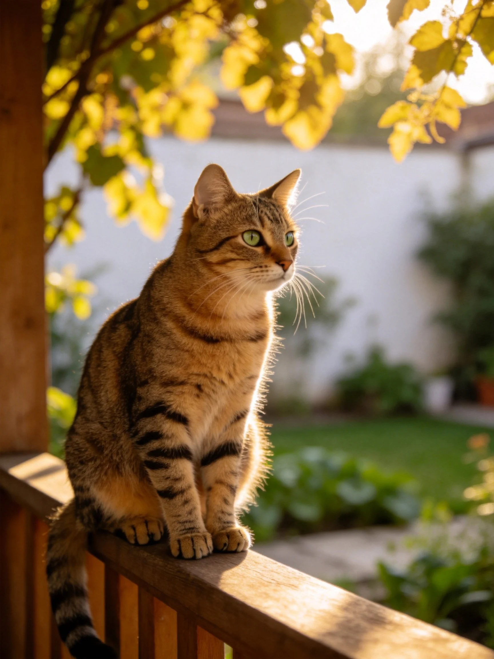 A tabby cat sits on a wooden railing in a sunlit garden