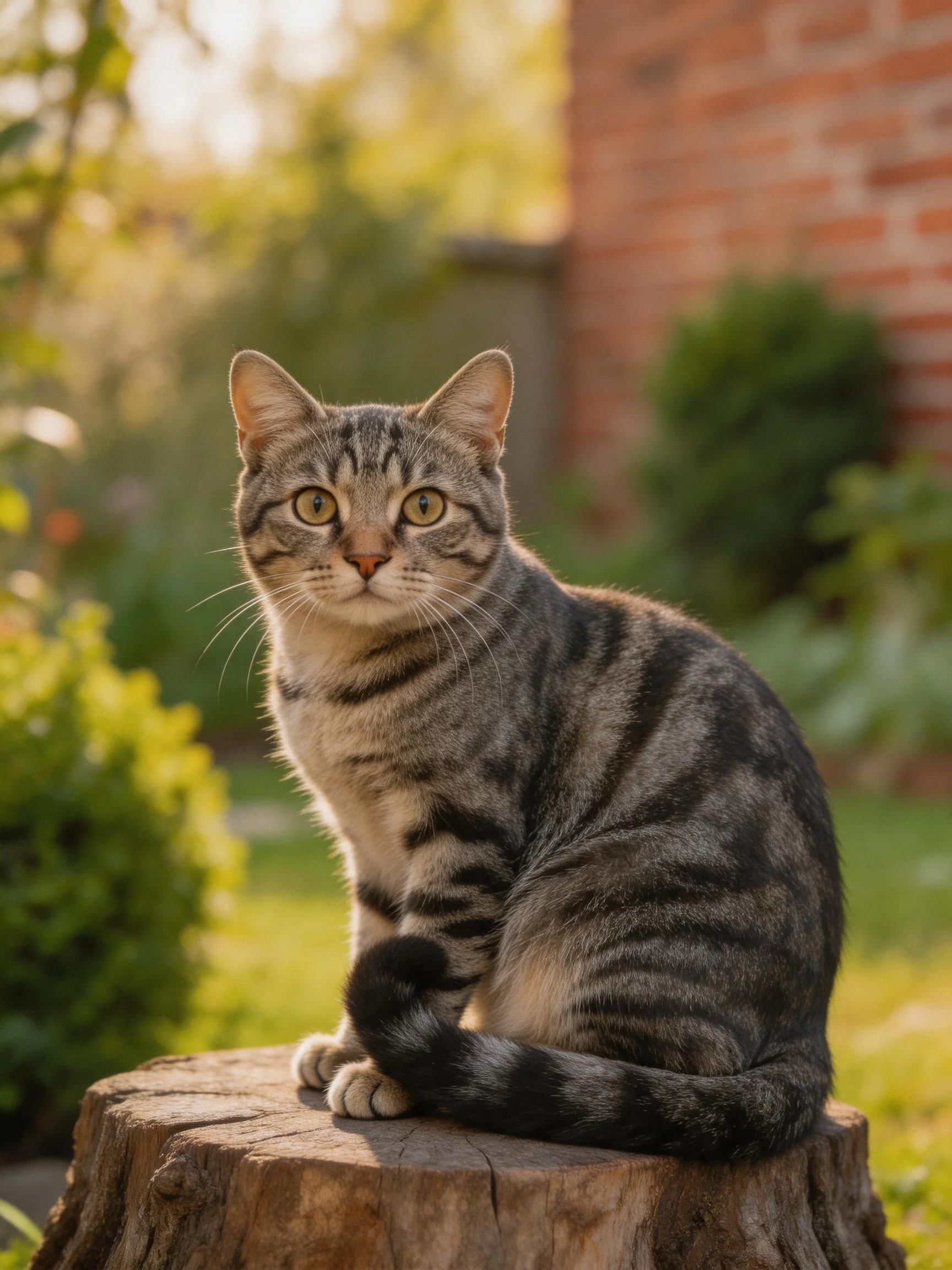 A tabby cat sits on a wooden stump in a sunlit garden