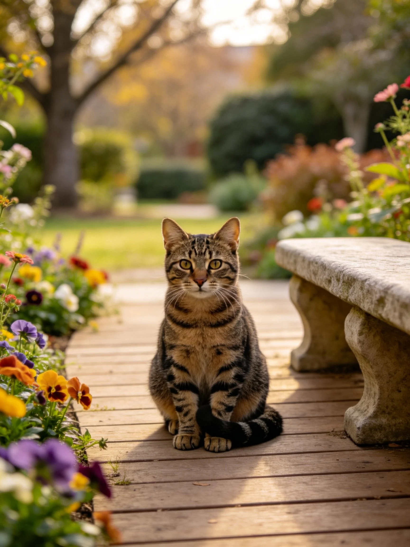 A tabby cat sits calmly on a wooden walkway in a flower-filled garden.