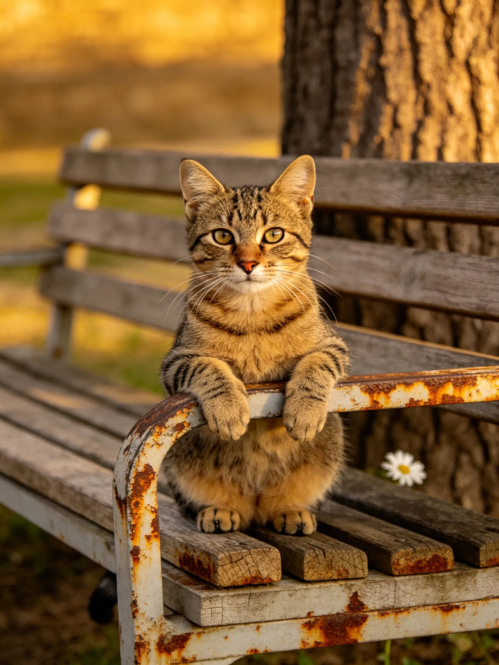A tabby cat sits on an aged wooden bench near a large tree