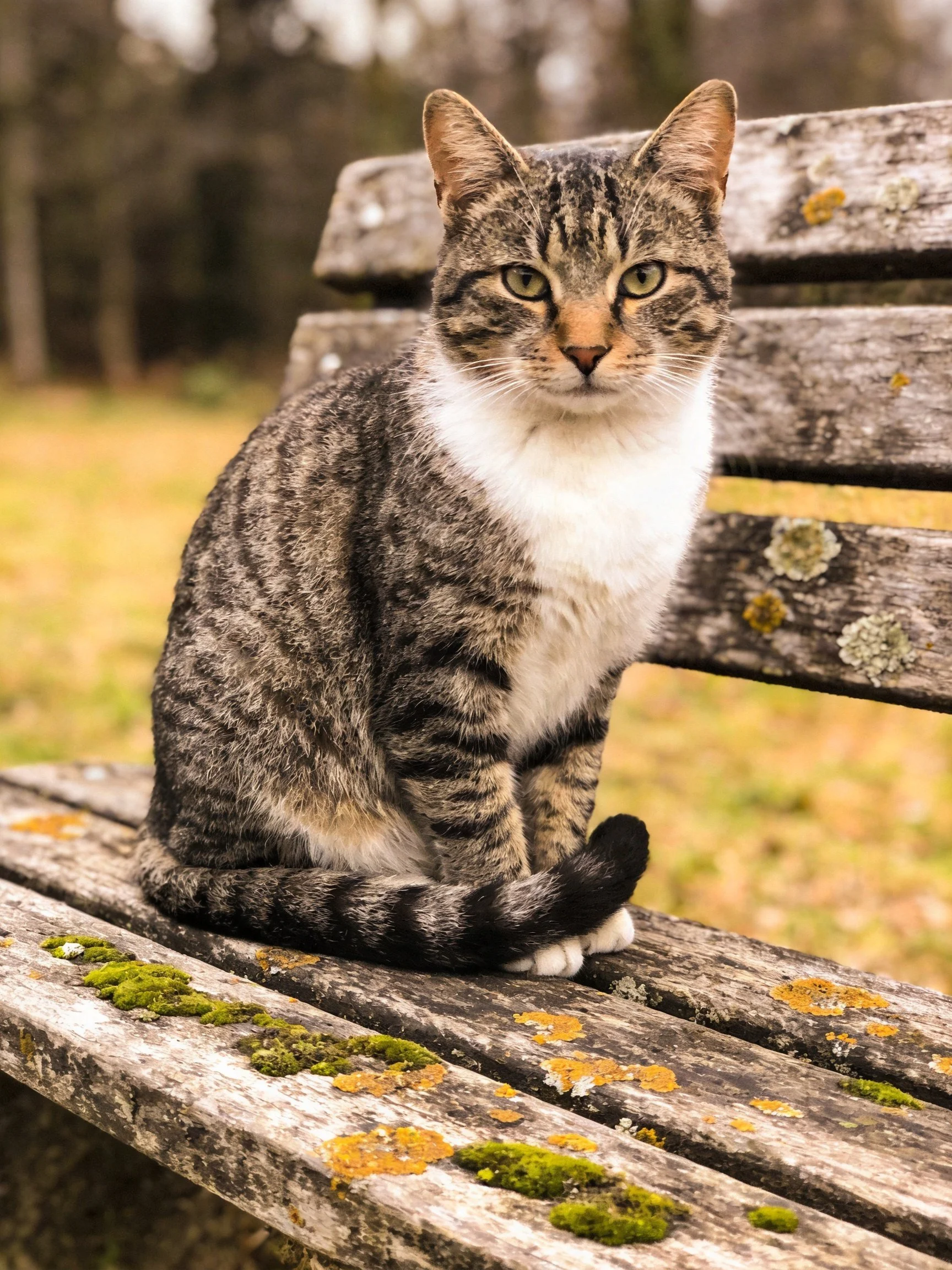 A tabby cat sits on an aged wooden bench with moss patches