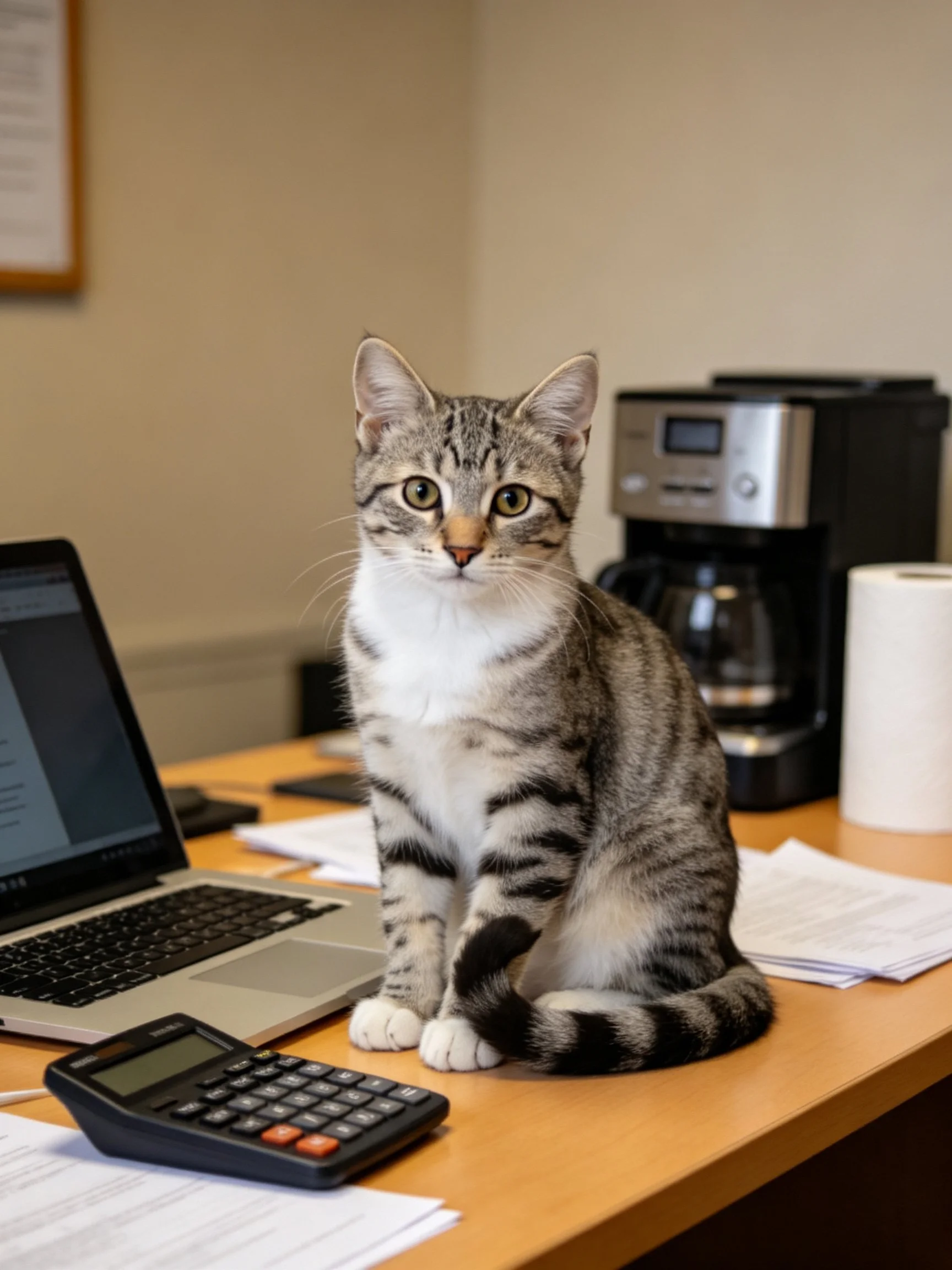 A tabby cat sits on an office desk with a laptop, calculator, and coffee maker