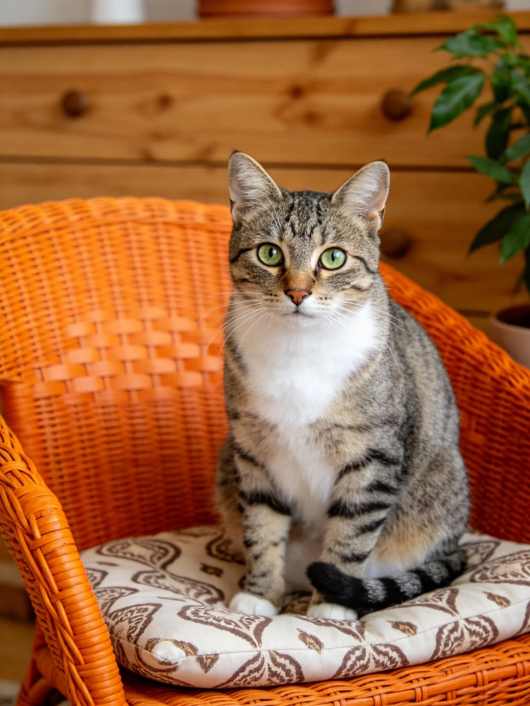 A tabby cat sits calmly on an orange wicker chair indoors.