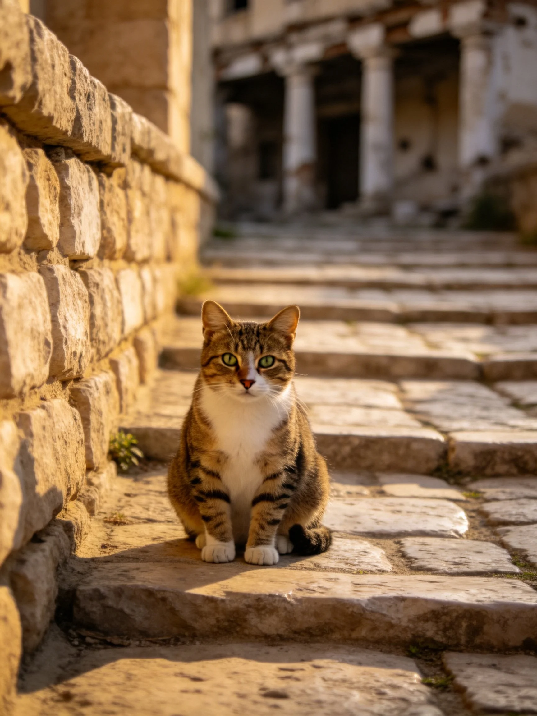 A tabby cat rests on stone steps beside an old dilapidated structure