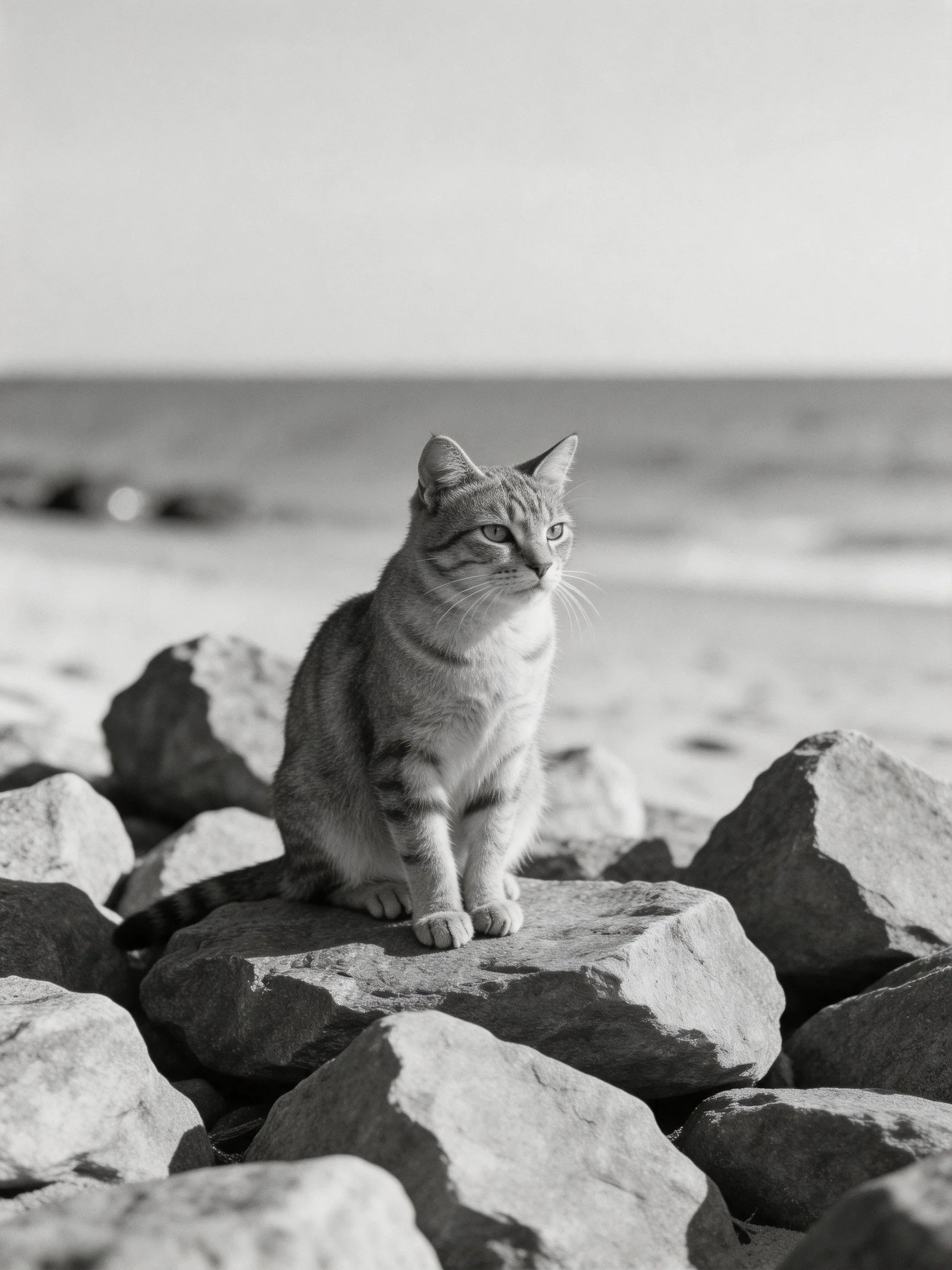 A tabby cat sits on coastal rocks near the shore