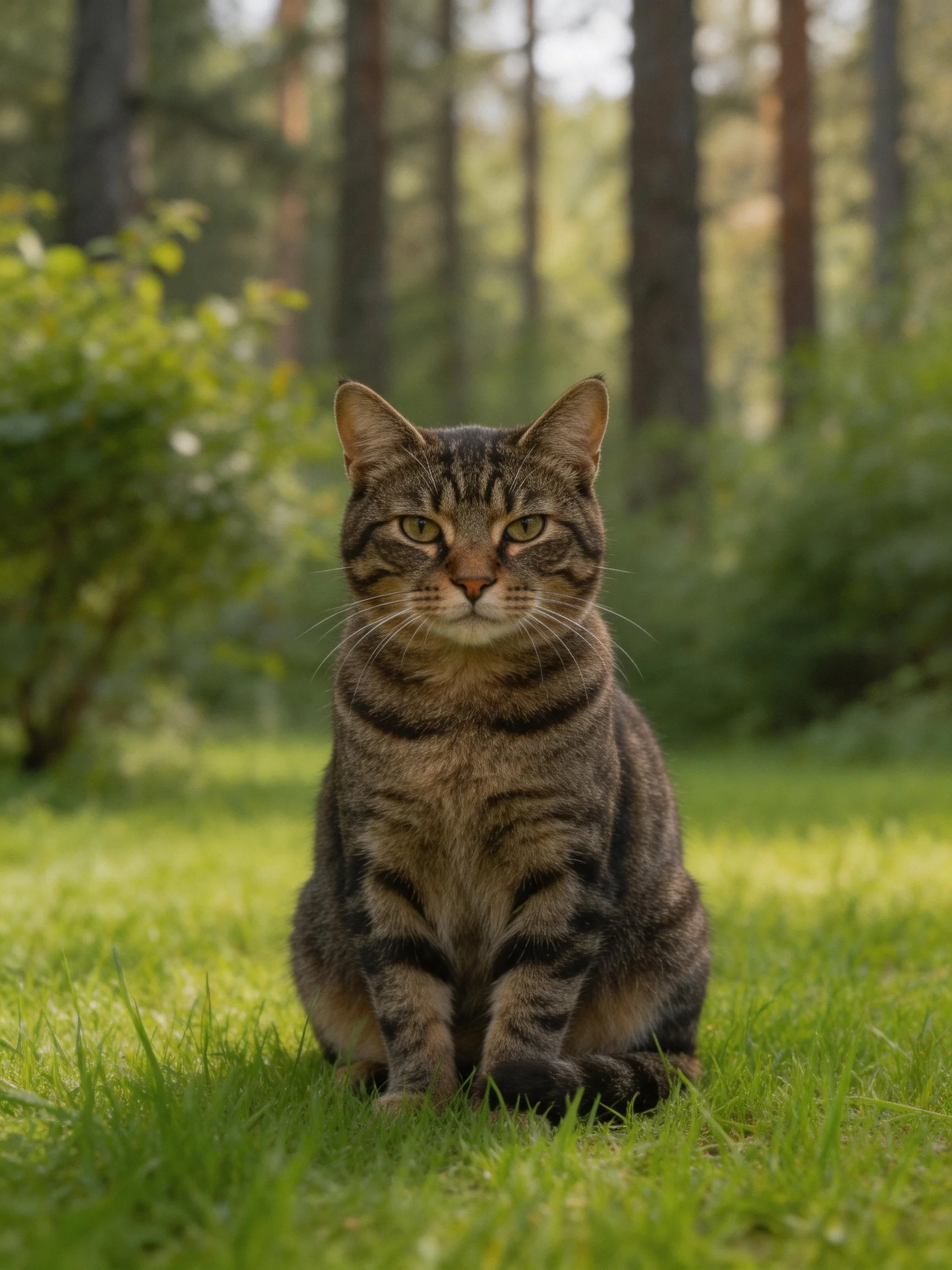 A tabby cat sits on lush green grass in a forest setting