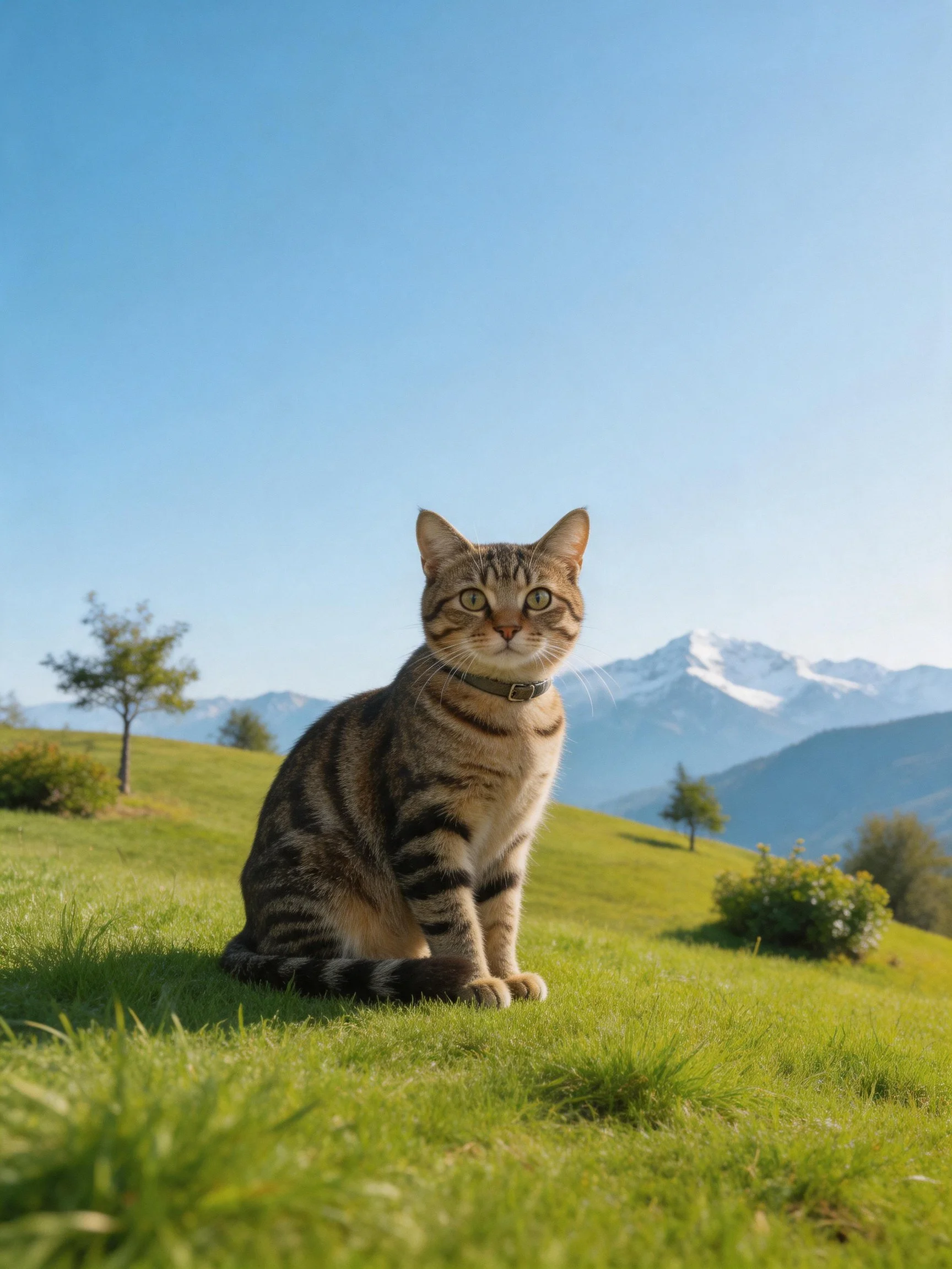 A tabby cat sits on lush green grass near snow-capped mountains