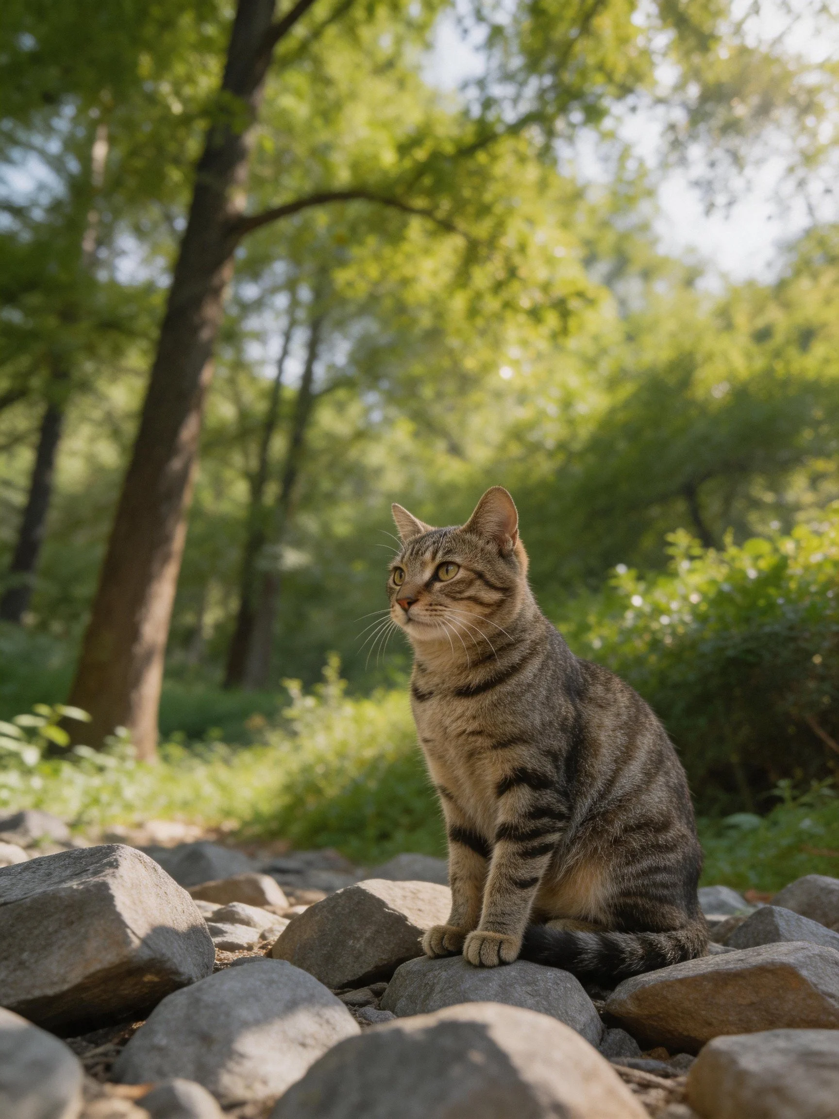 A tabby cat sits on rocks in a sunlit forest