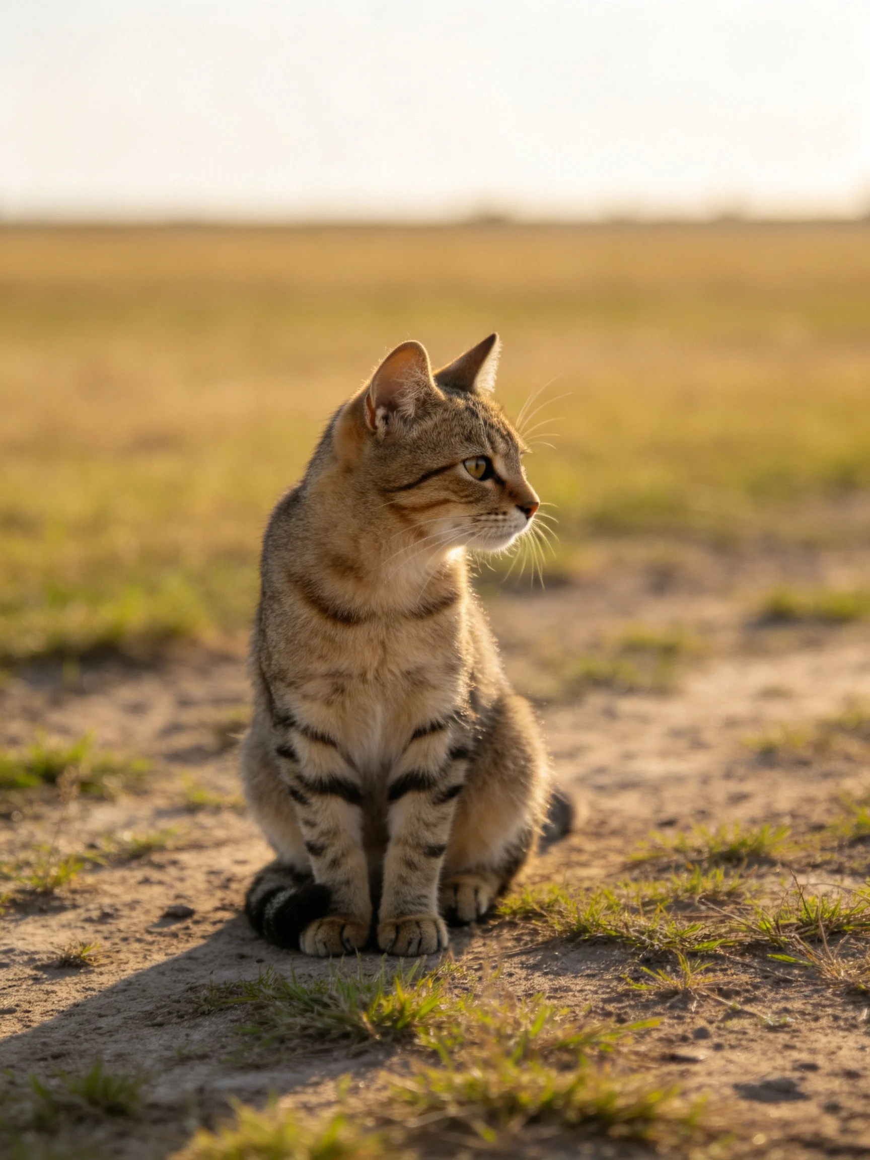A tabby cat sits on sandy ground amid golden grasses under soft sunlight