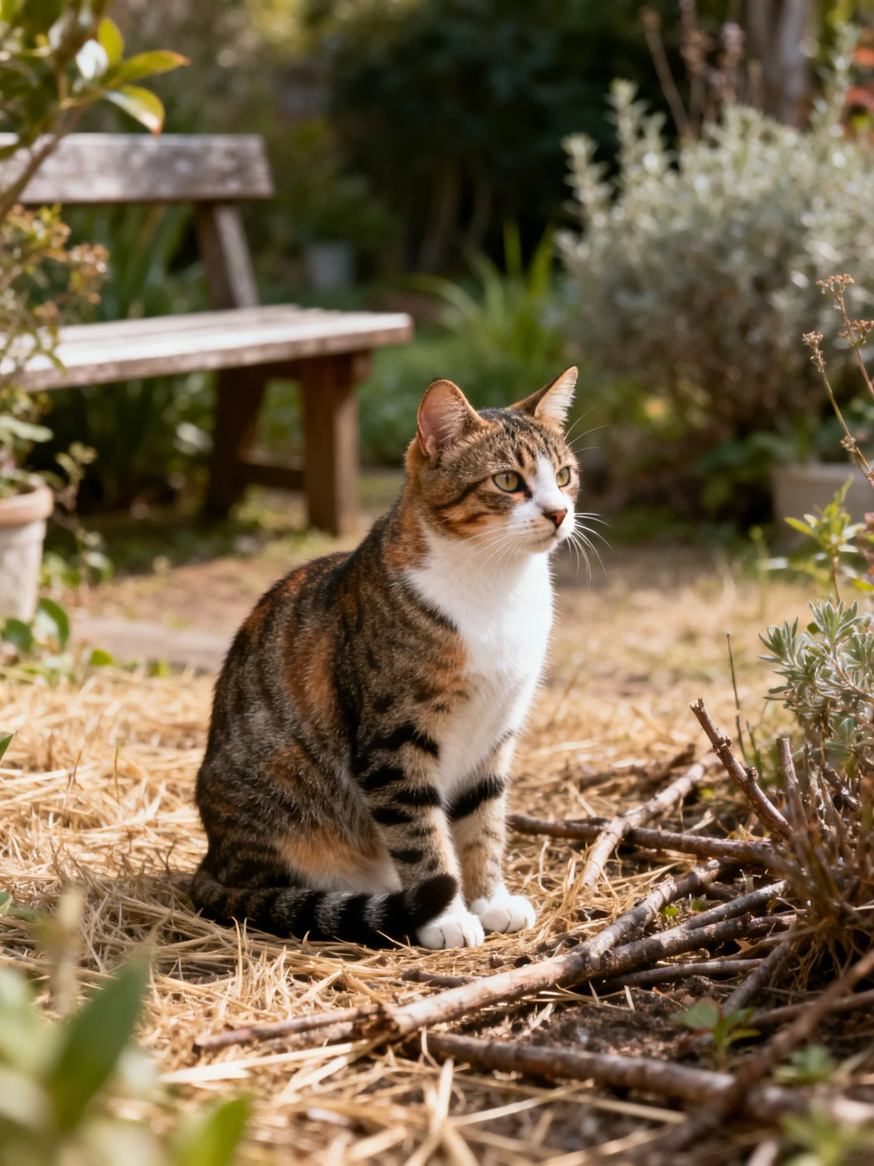 A tabby cat sits on straw near wooden bench and greenery