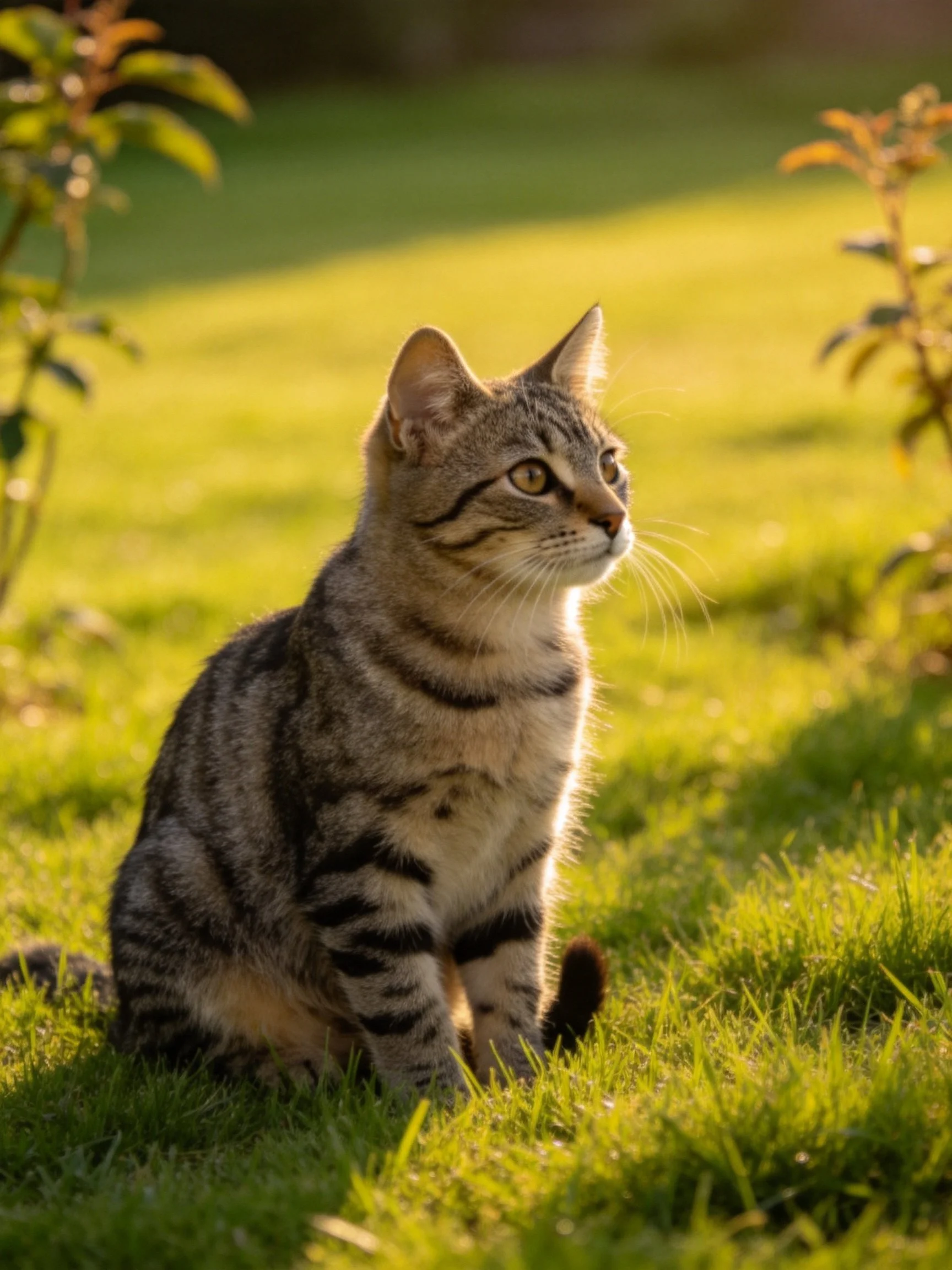 A tabby cat sits alertly on sunlit grass in a garden setting