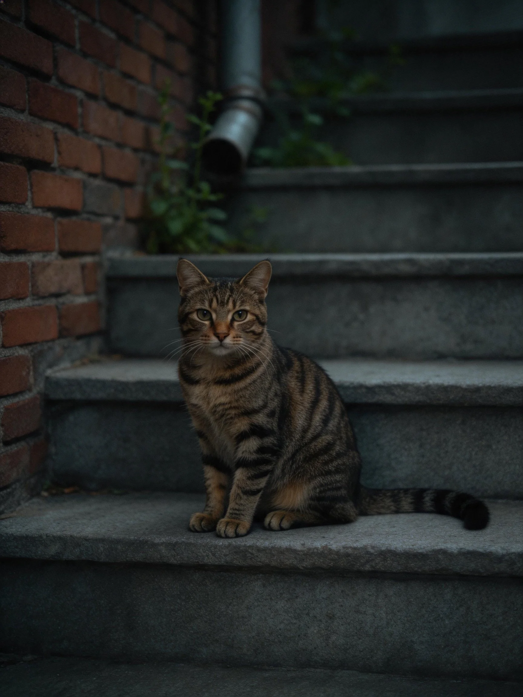 A tabby cat sits on stone steps beside a red brick wall