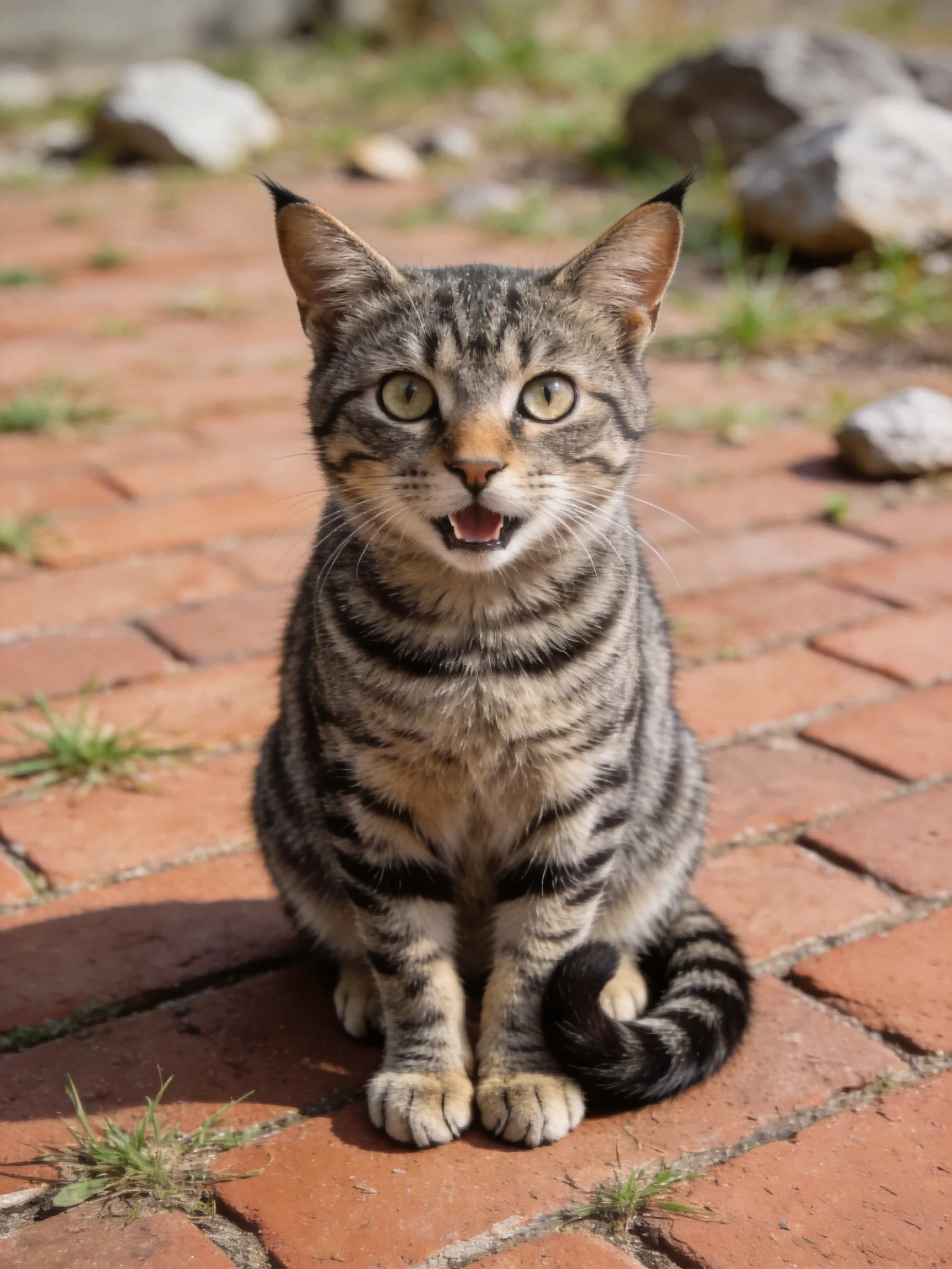 A tabby cat sitting on a red brick pathway outdoors