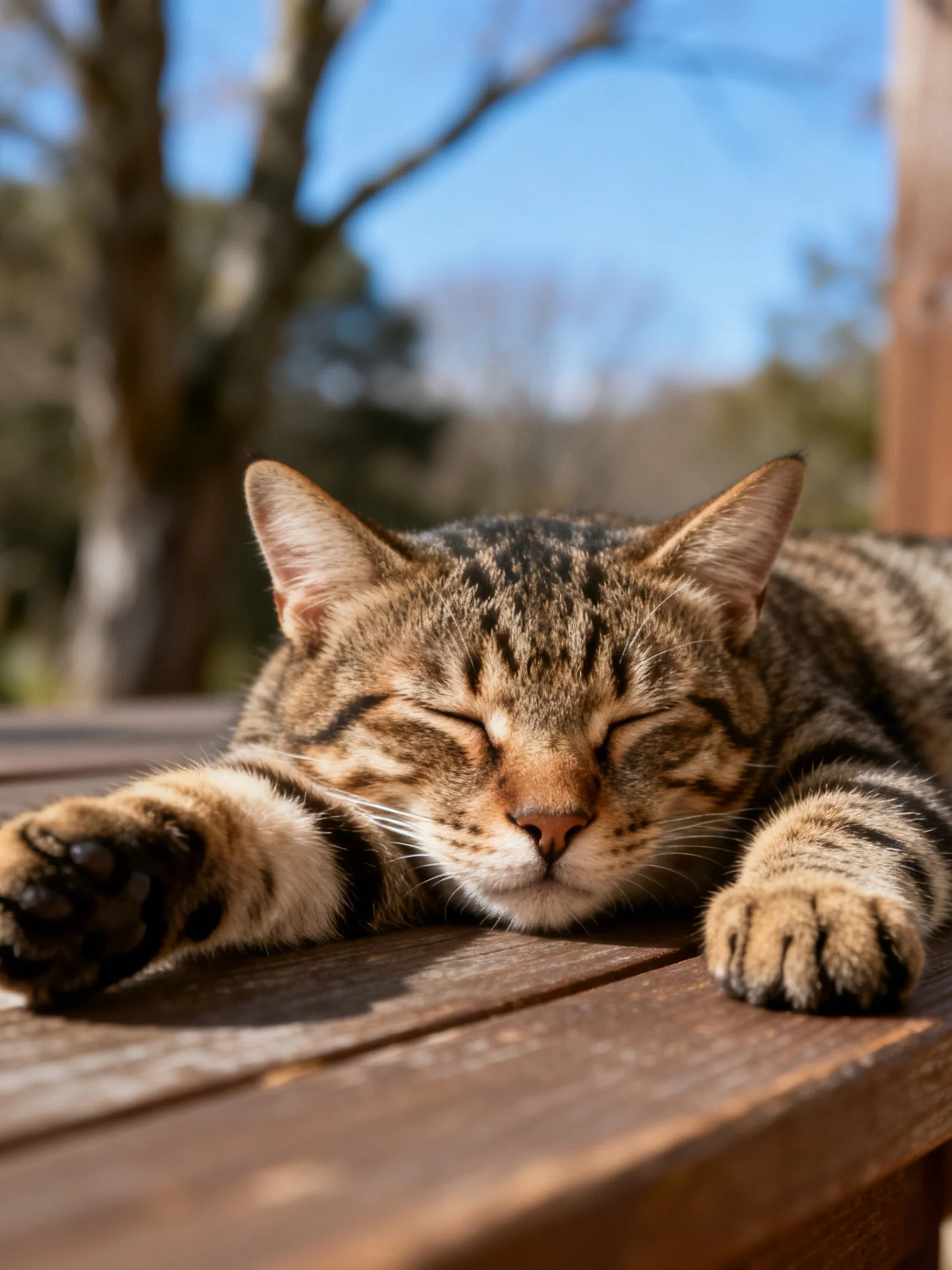 A tabby cat sleeping on a wooden outdoor surface