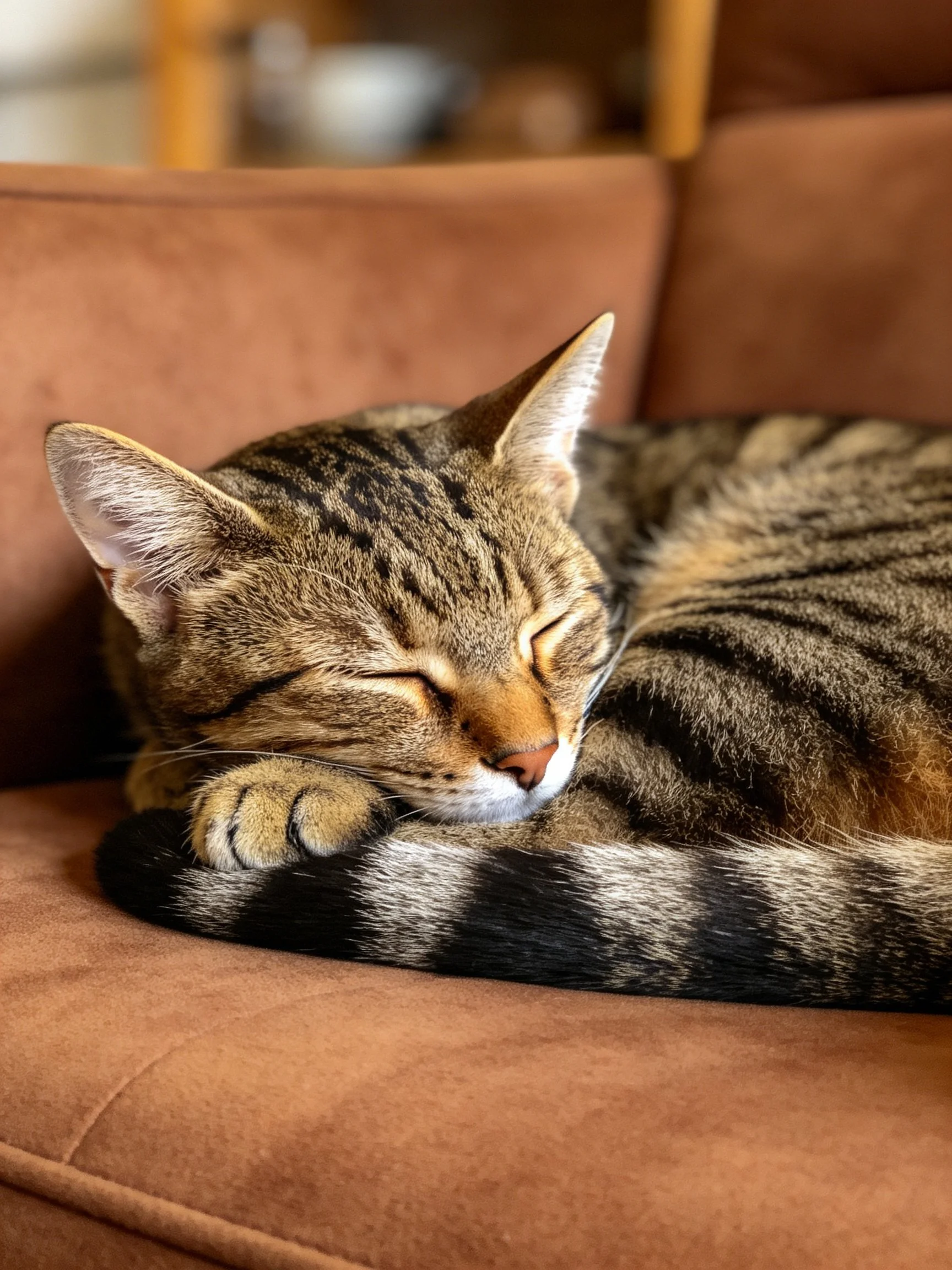 A tabby cat sleeps contentedly on a brown sofa