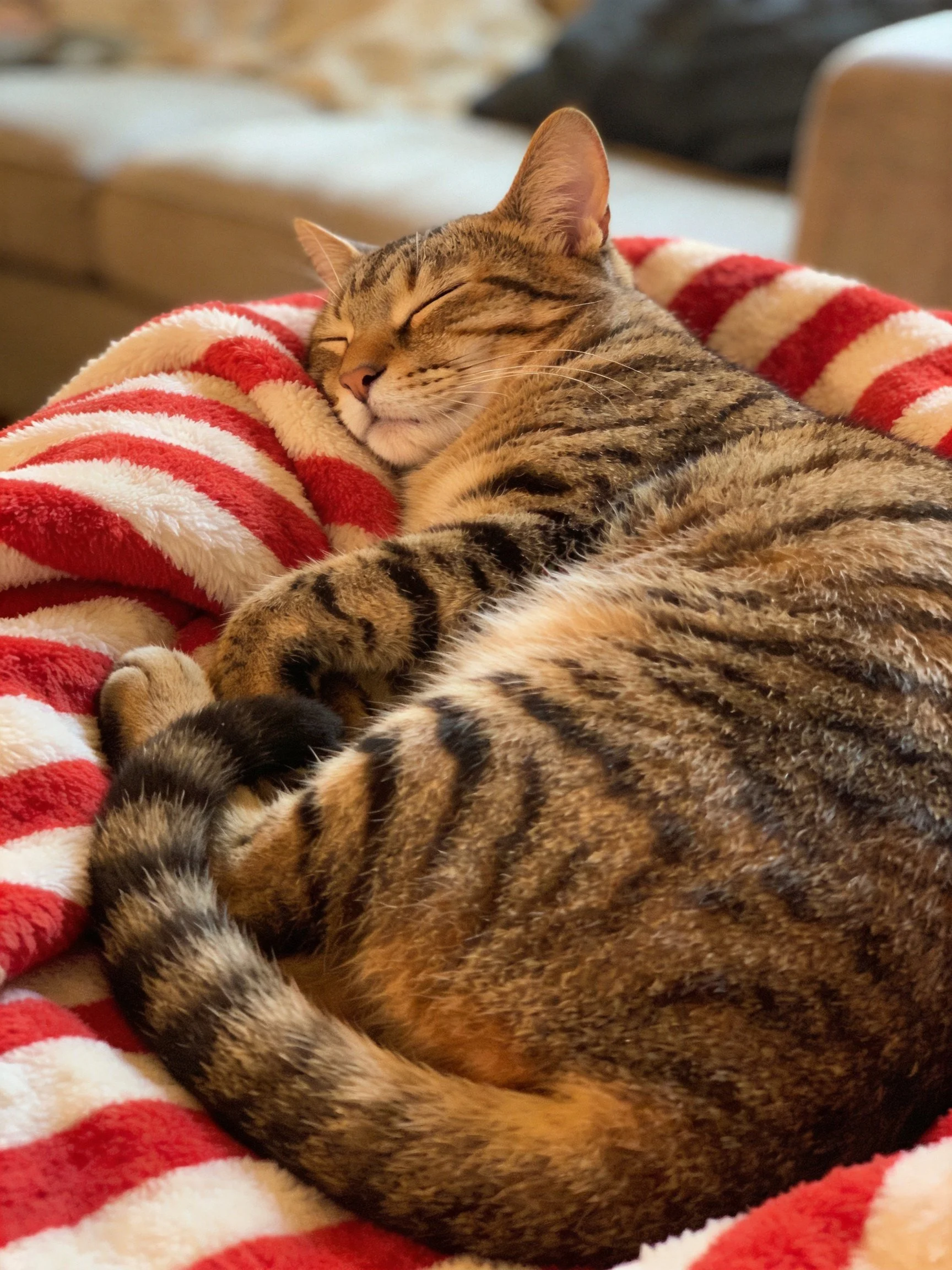 A tabby cat sleeps contentedly on a red and white striped blanket