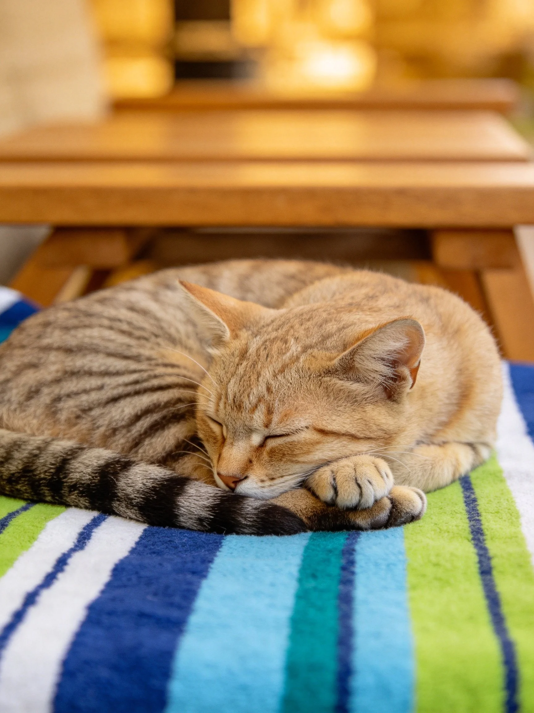 A tabby cat sleeps curled on a colorful striped towel near wooden furniture
