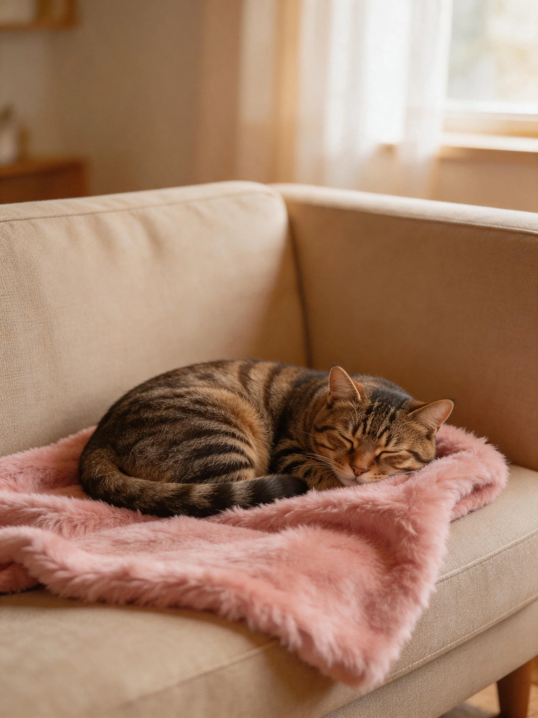 A tabby cat sleeps curled on a pink blanket atop a beige sofa