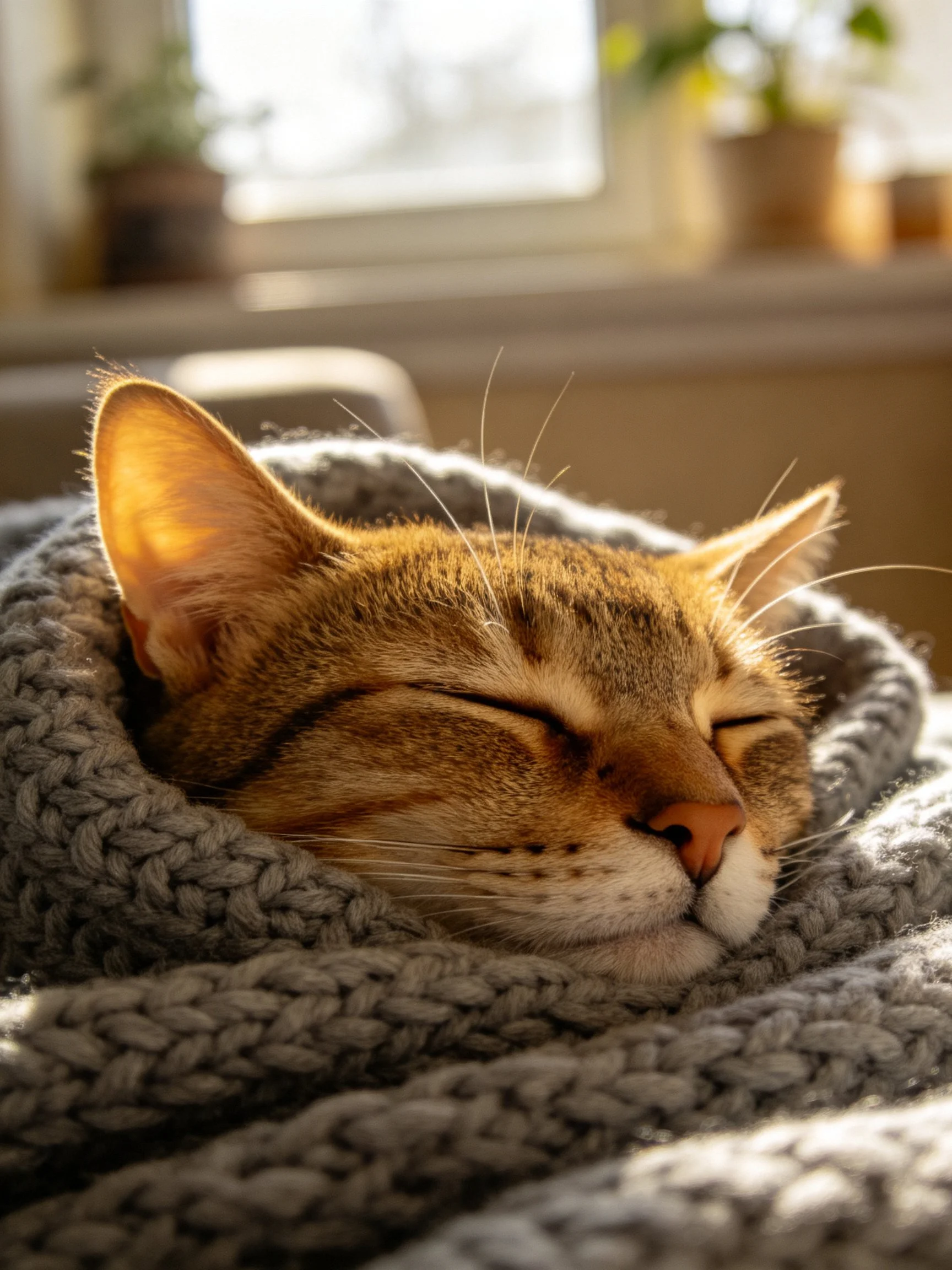A tabby cat sleeps in a gray knitted blanket by a sunlit window