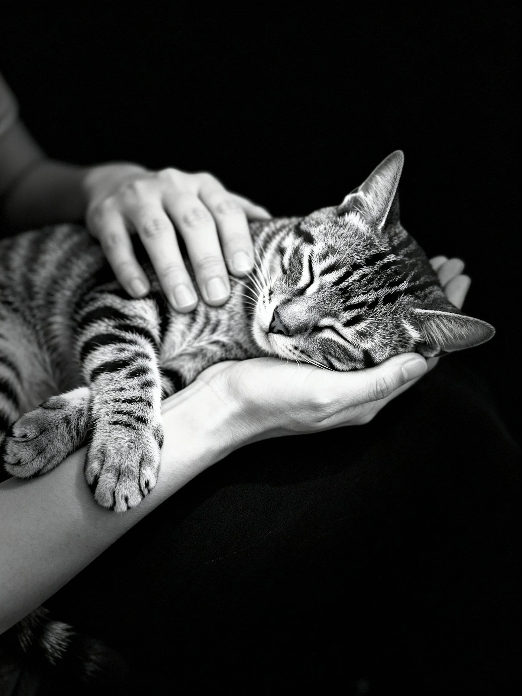 A tabby cat sleeps in human hands, black and white emphasizing fur patterns.