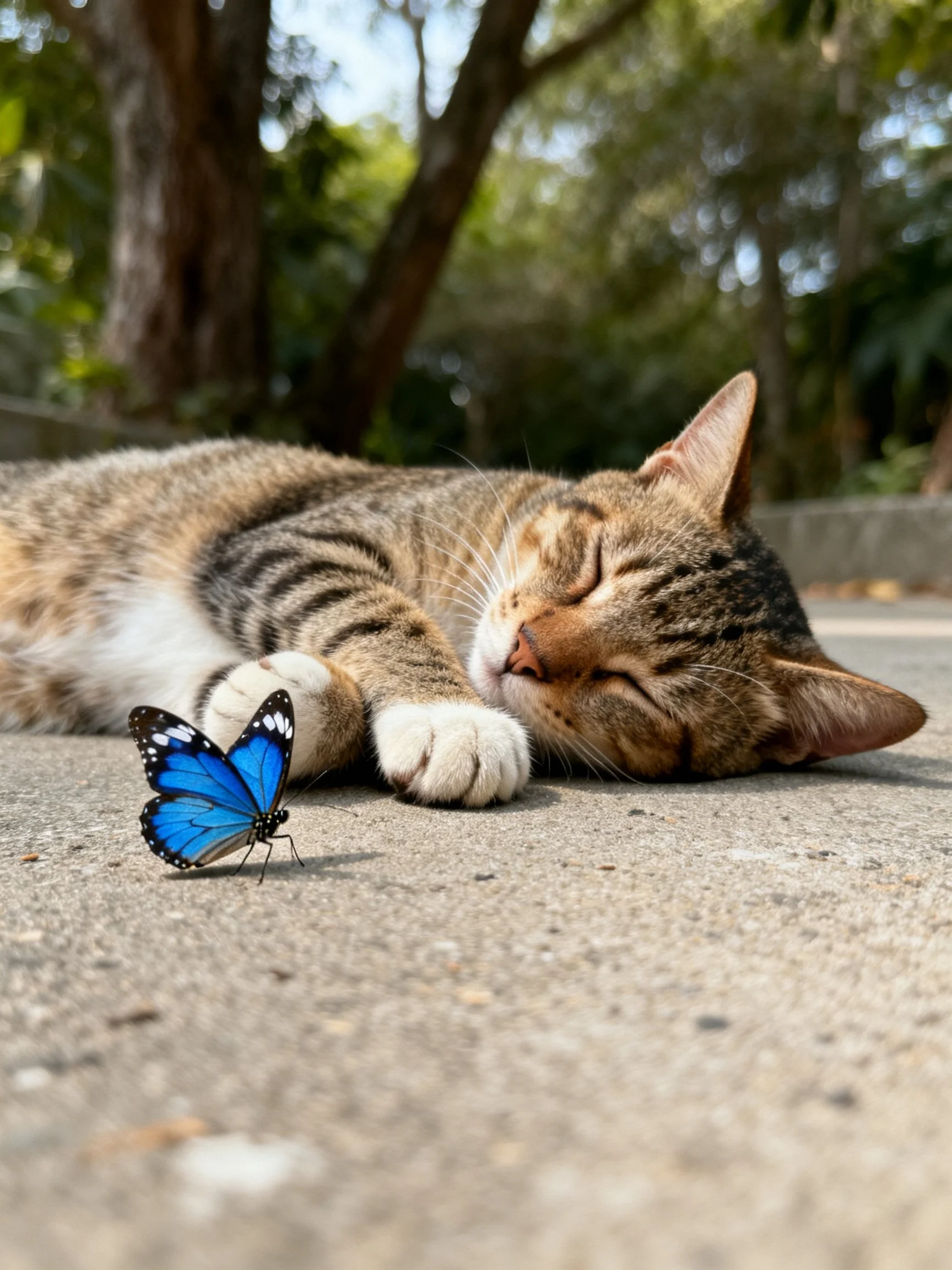 A tabby cat sleeps near a bright blue butterfly outdoors