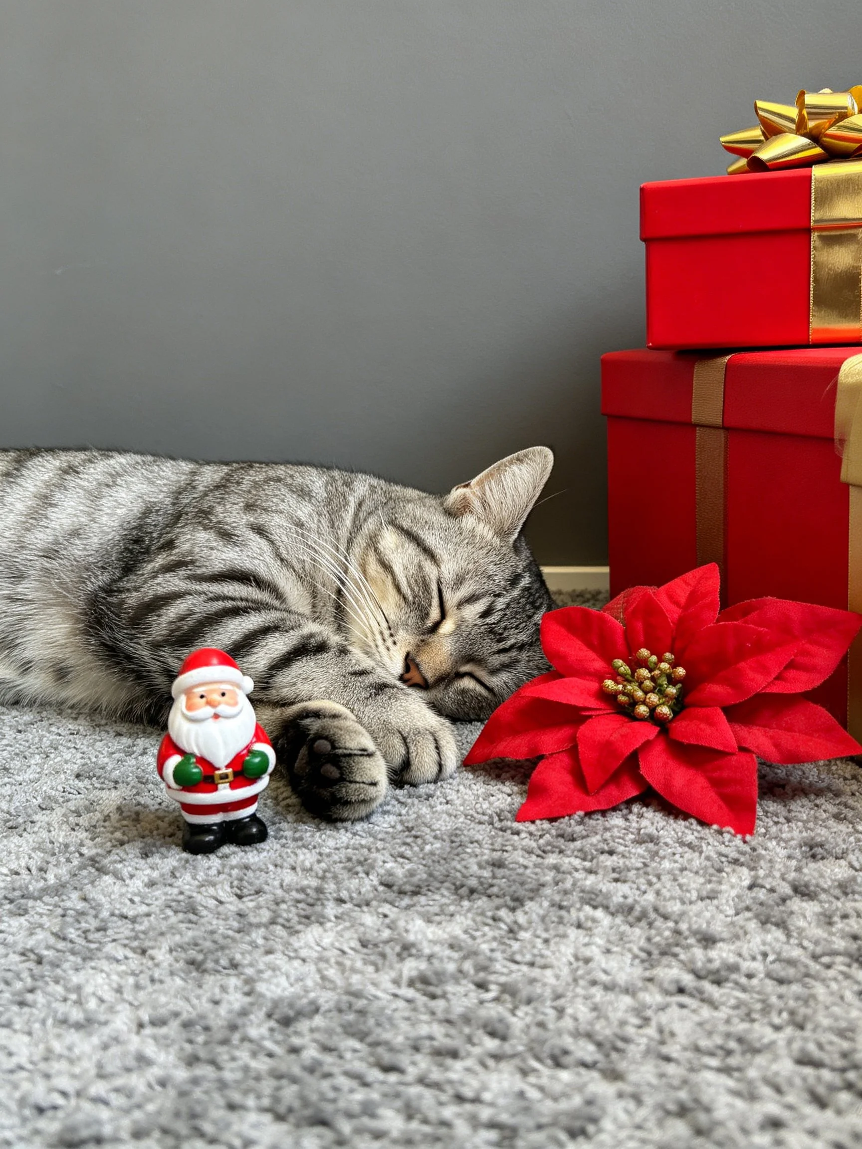 A tabby cat sleeps near red gift boxes, Santa figurine, and poinsettia