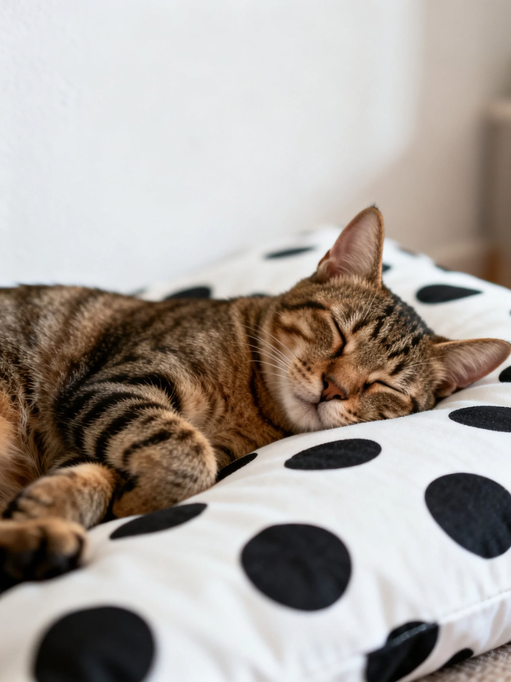 A tabby cat sleeps on a polka dot cushion.