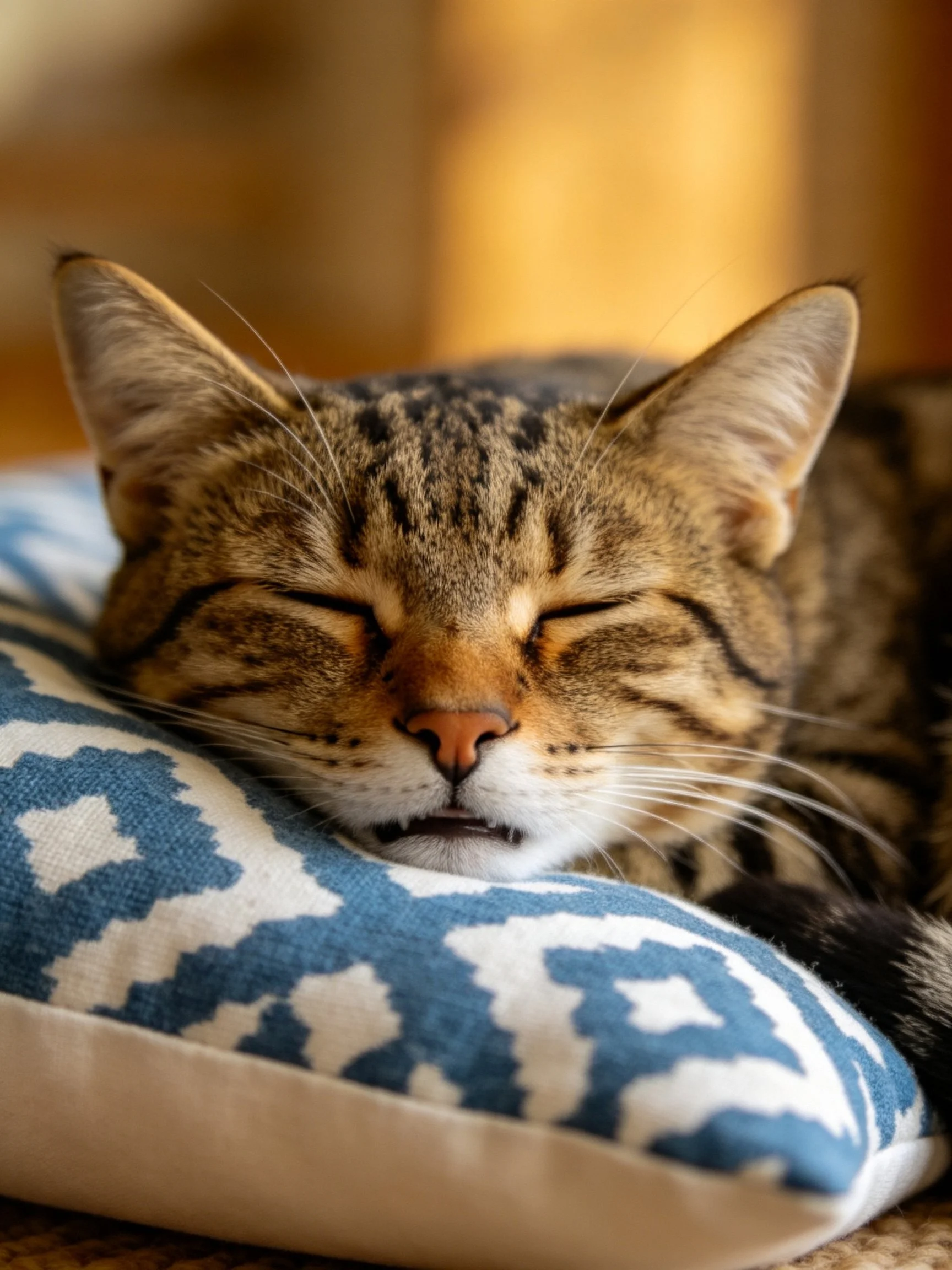 A tabby cat rests comfortably on a blue-patterned pillow.