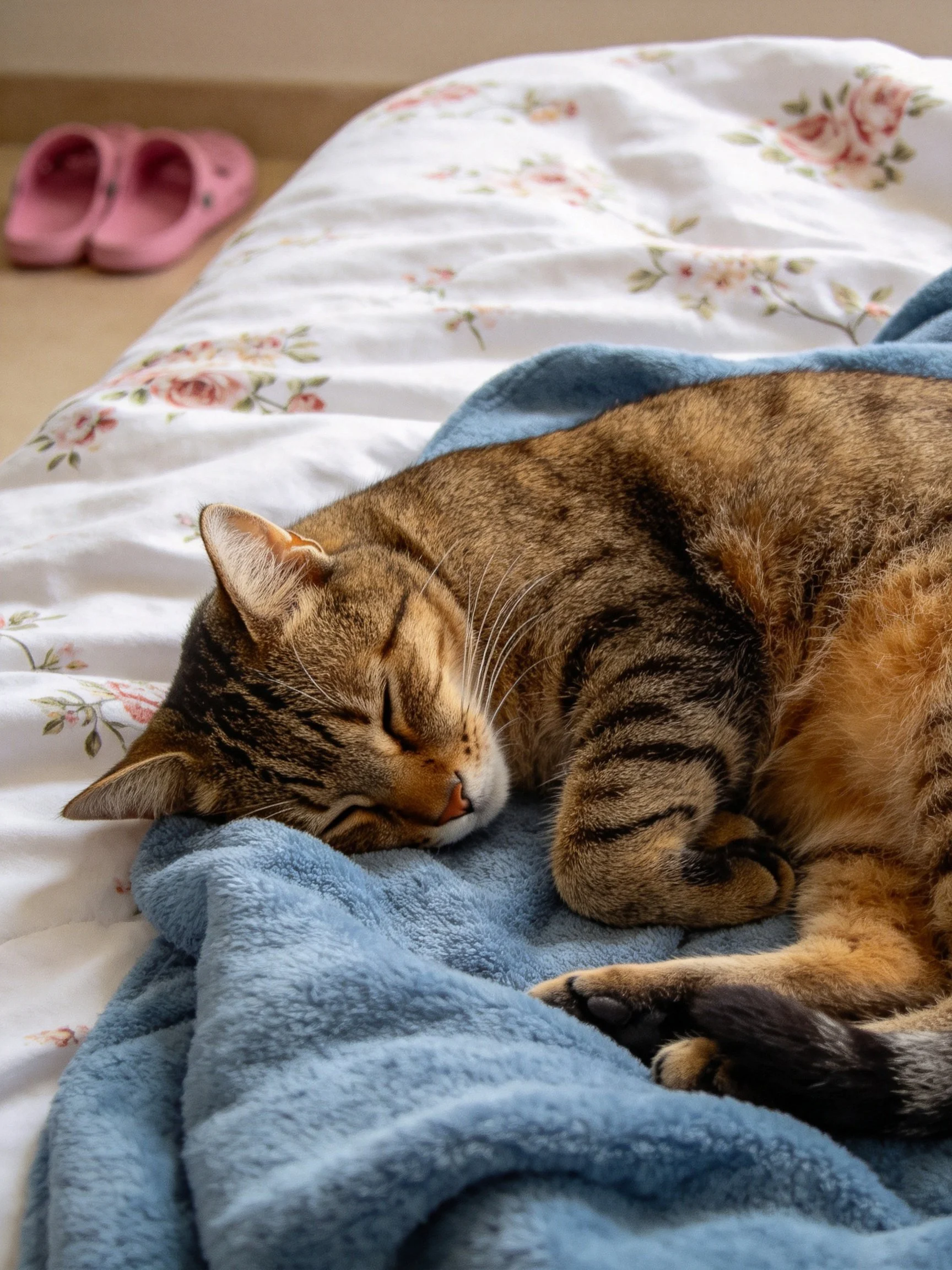 A tabby cat sleeps on a blue blanket near a floral bedspread