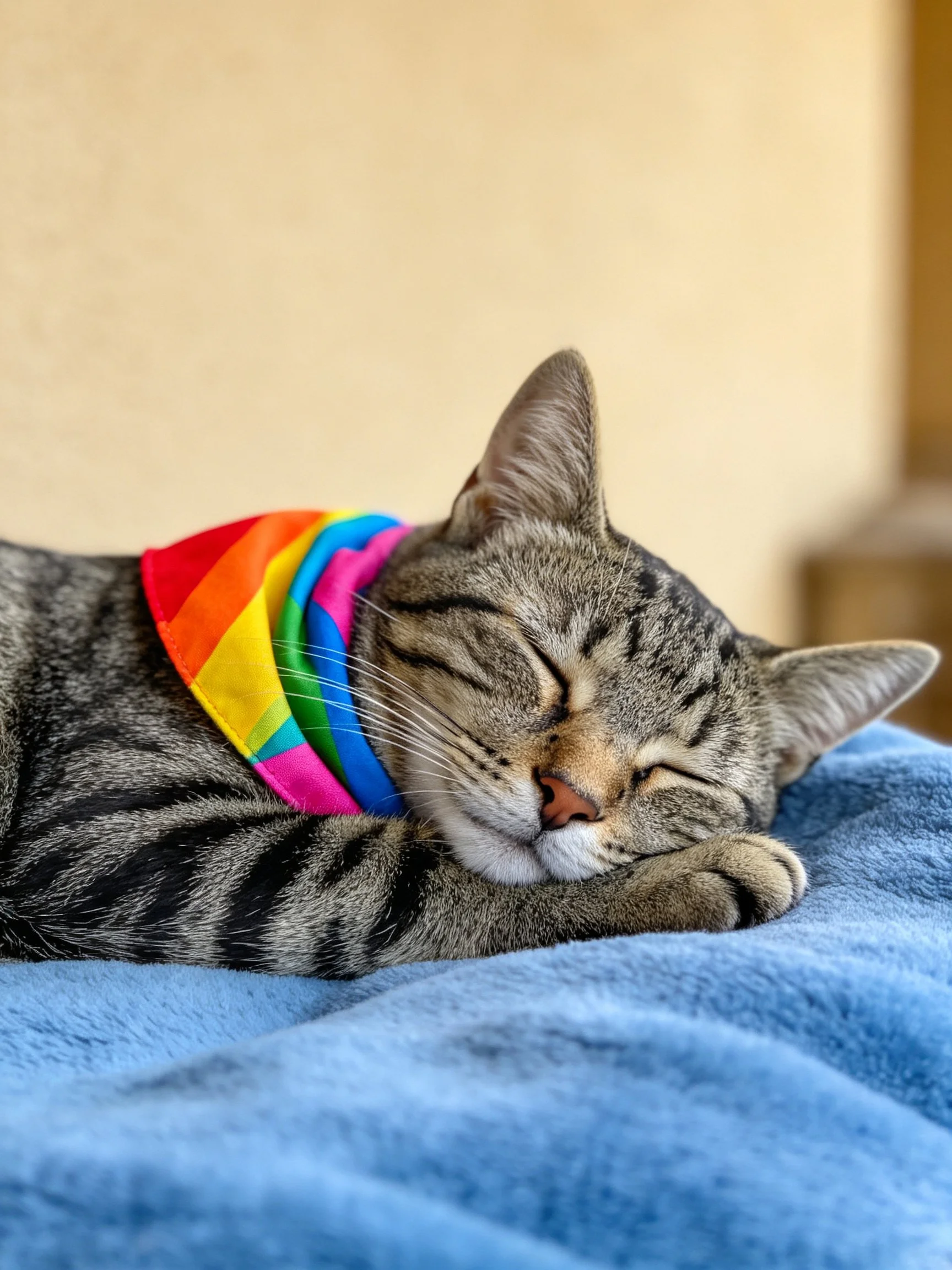 A tabby cat sleeps on a blue blanket wearing a rainbow scarf