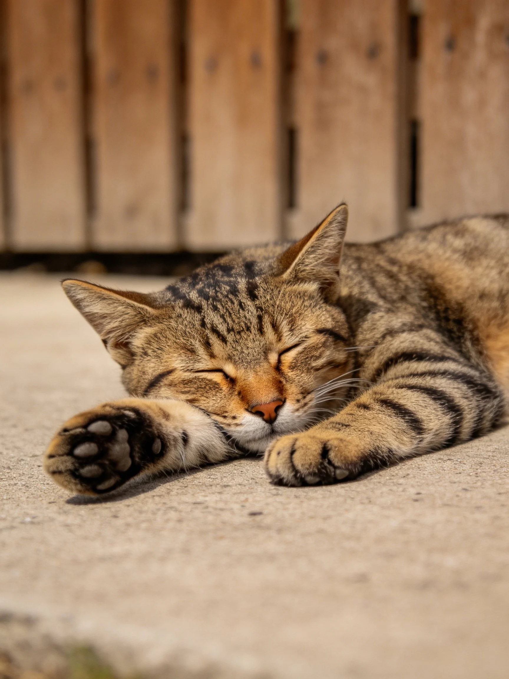 A tabby cat sleeps on a concrete surface near wooden planks
