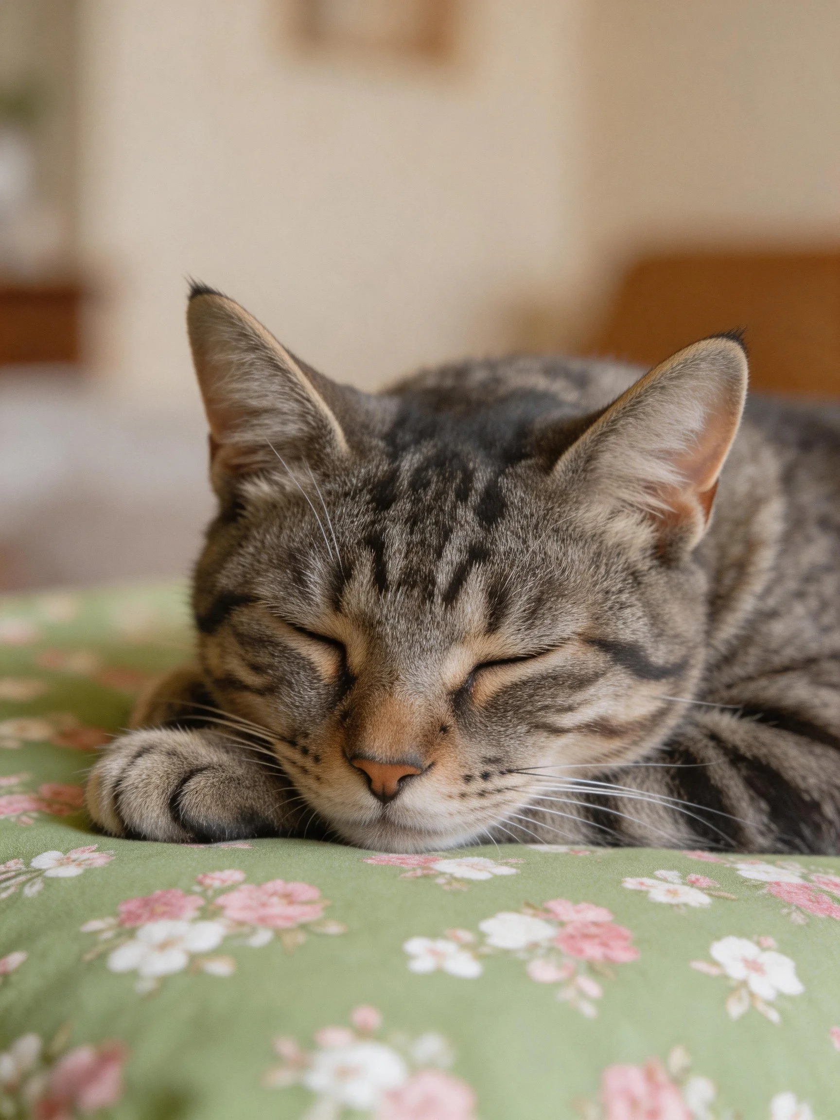 A tabby cat sleeps on a green floral-patterned cushion